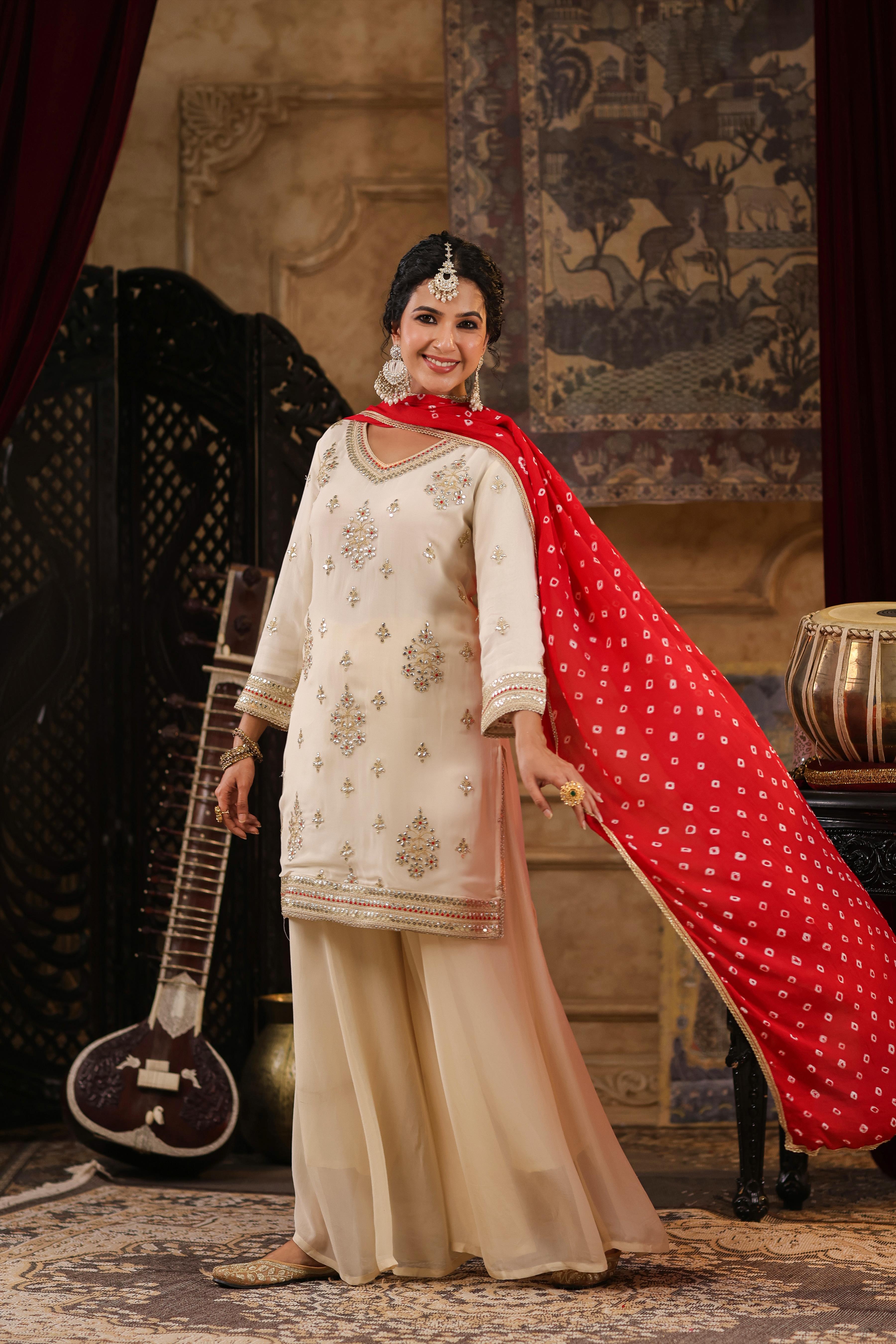 Ivory Georgette Dori-Gota Work Palazzo Set