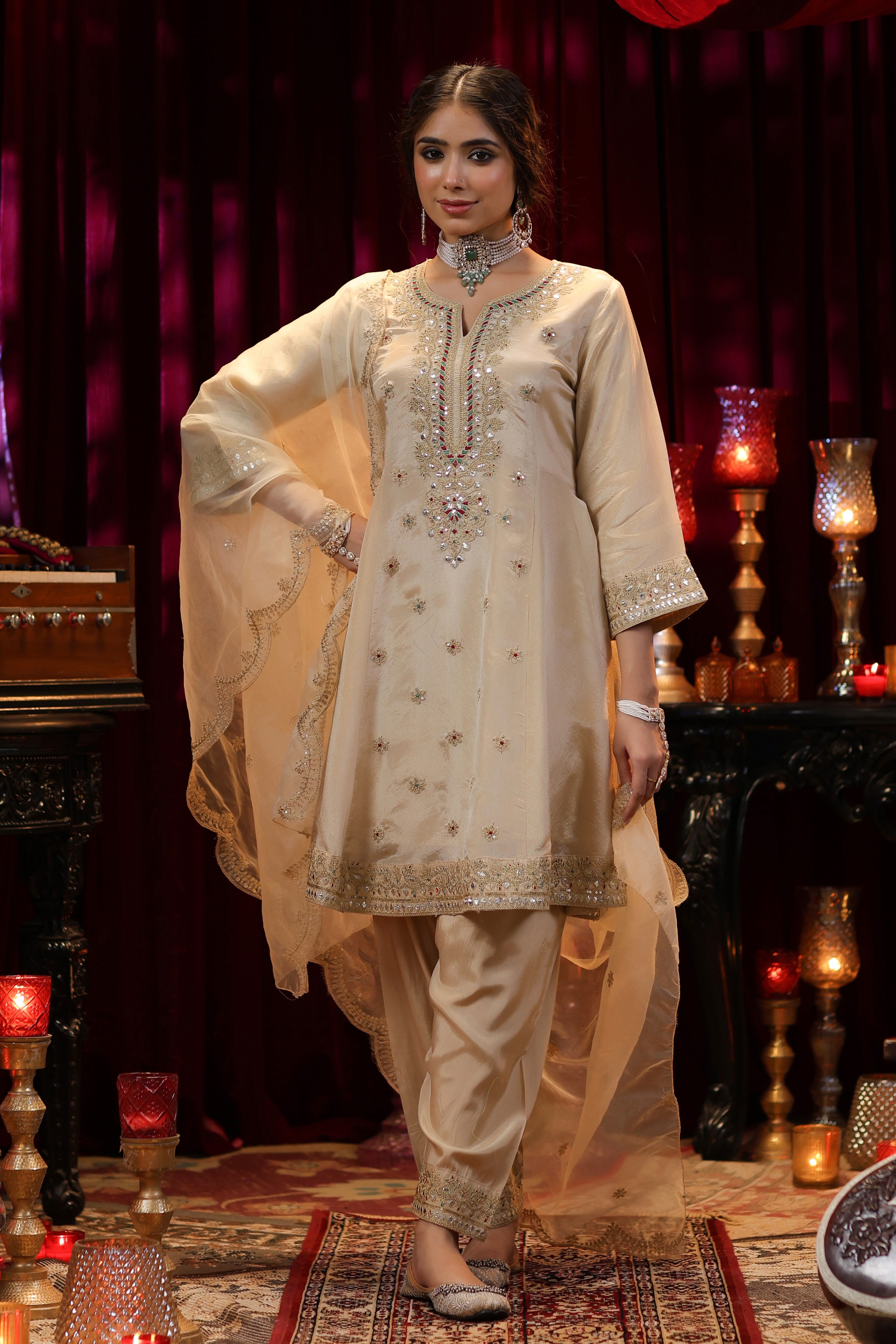 Beige Shimmer Organza Dori Work Anarkali Set