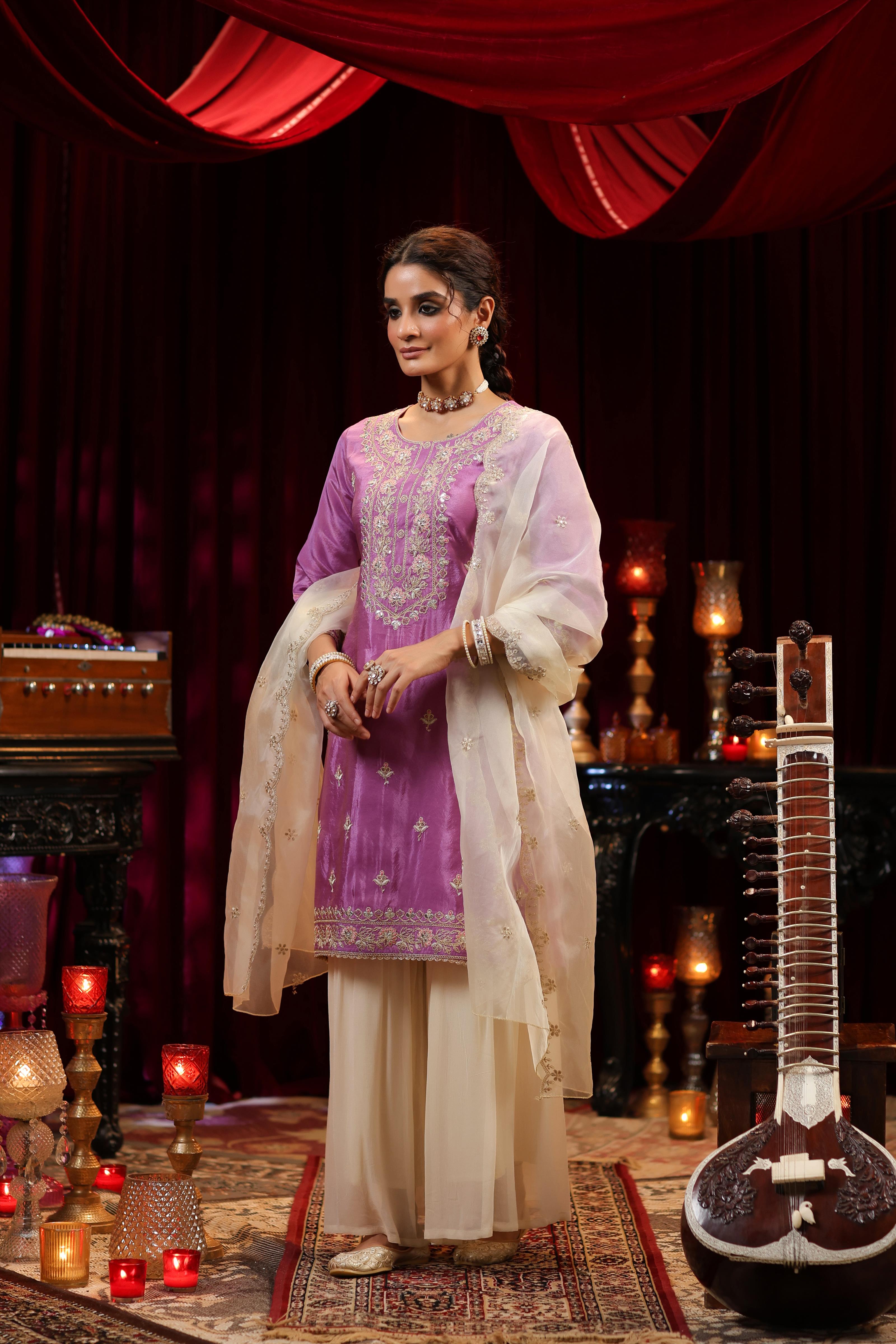 Purple-Ivory Shimmer Organza Embroidered Sharara Set