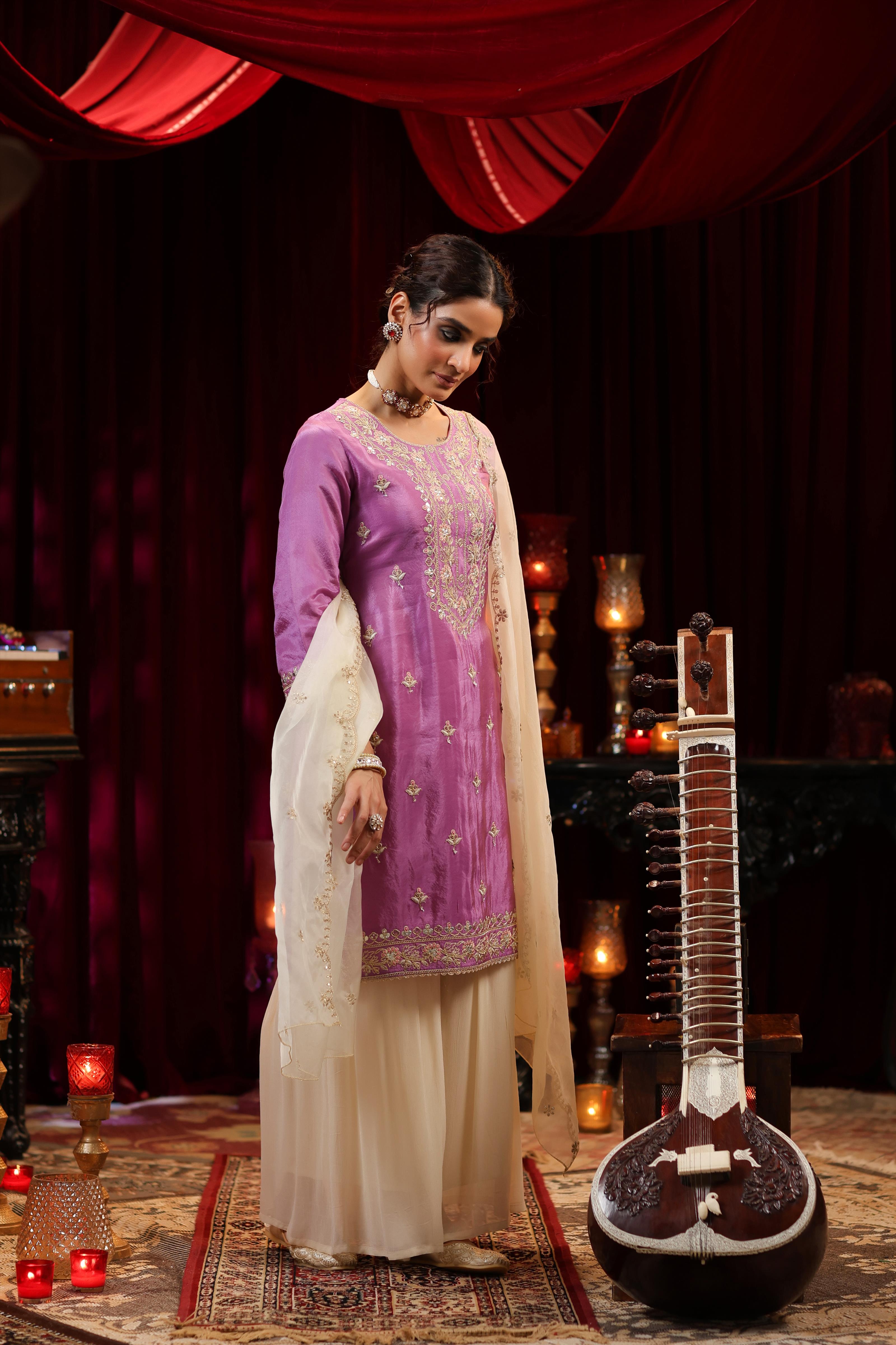 Purple-Ivory Shimmer Organza Embroidered Sharara Set