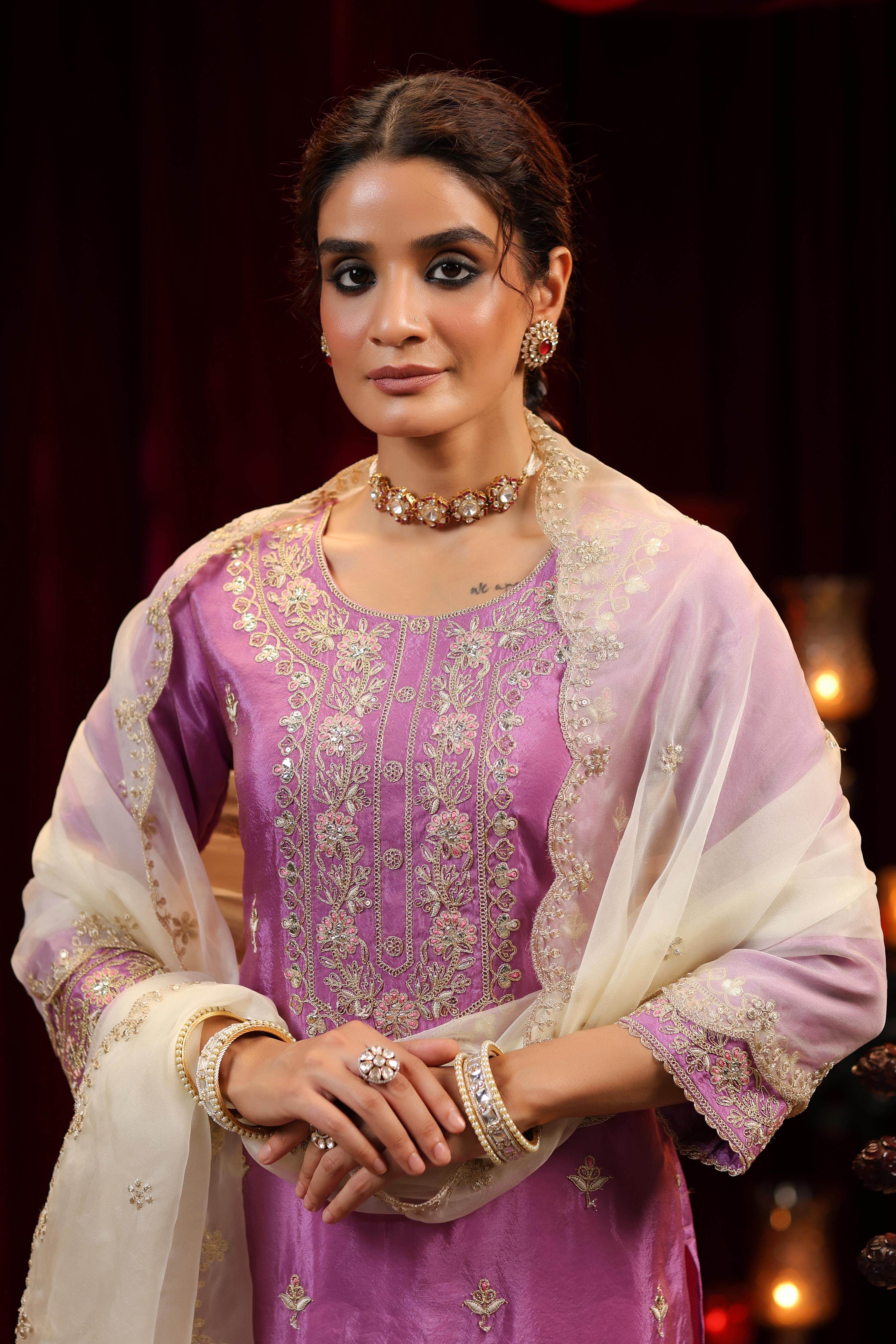 Purple-Ivory Shimmer Organza Embroidered Sharara Set