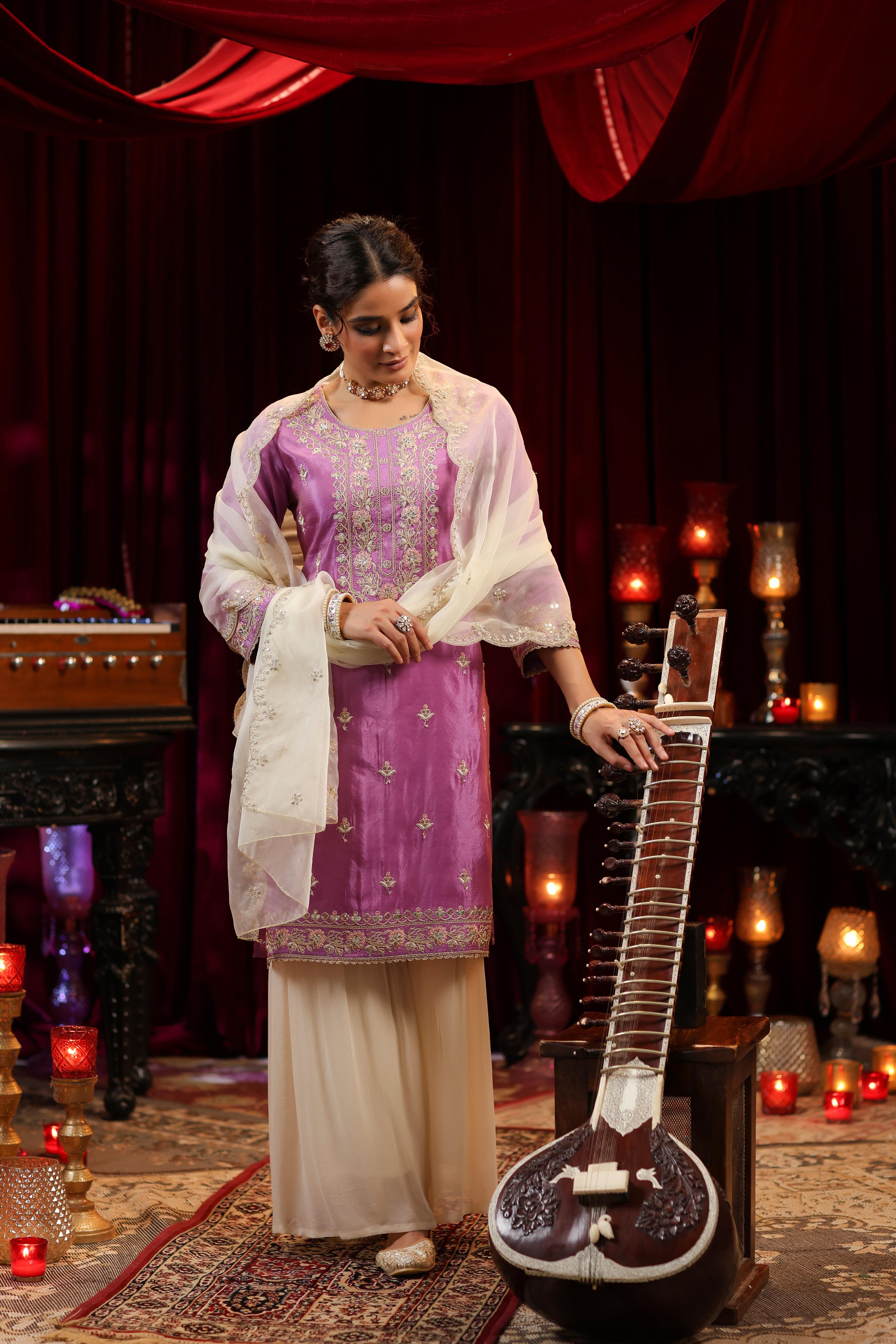 Purple-Ivory Shimmer Organza Embroidered Sharara Set