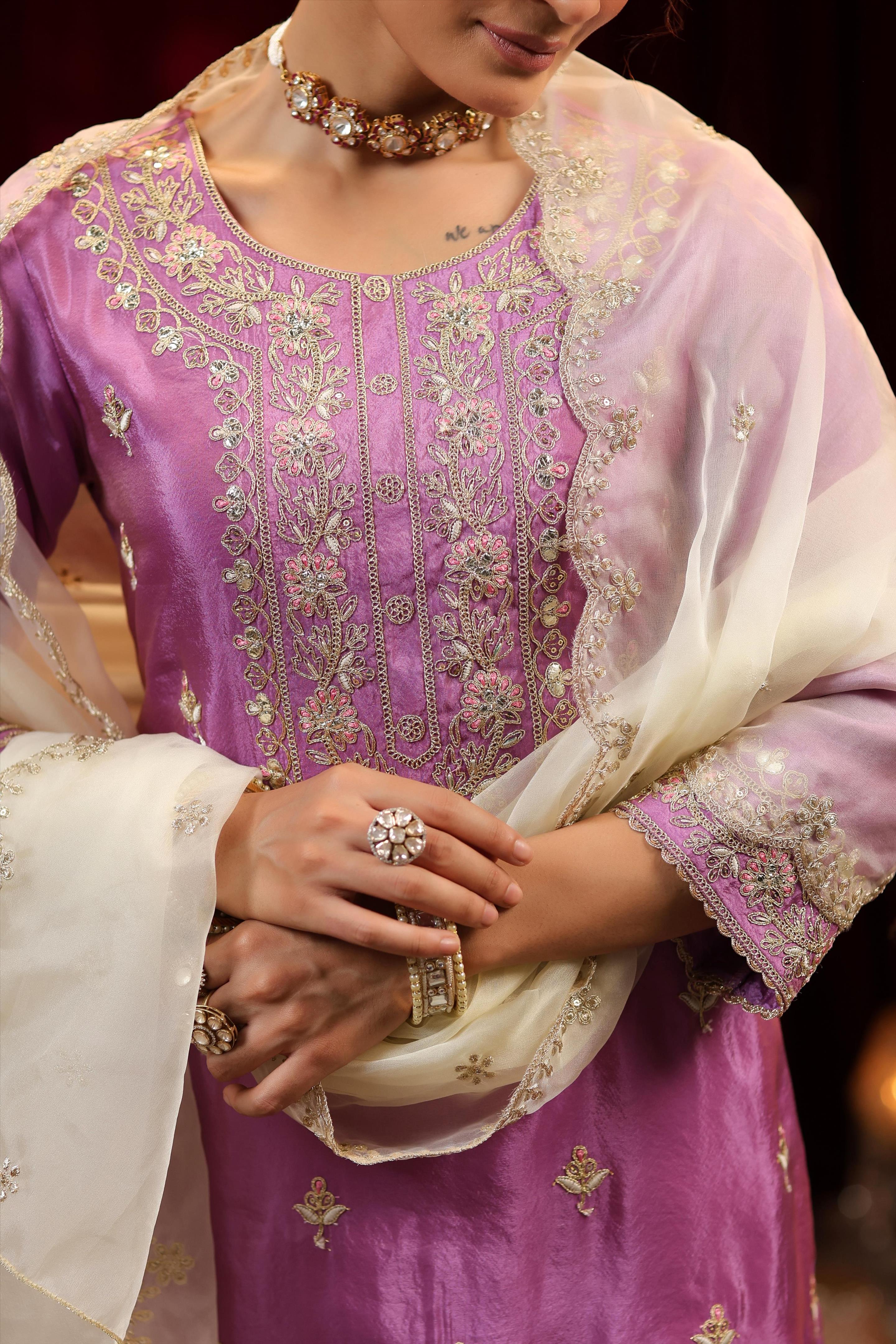 Purple-Ivory Shimmer Organza Embroidered Sharara Set