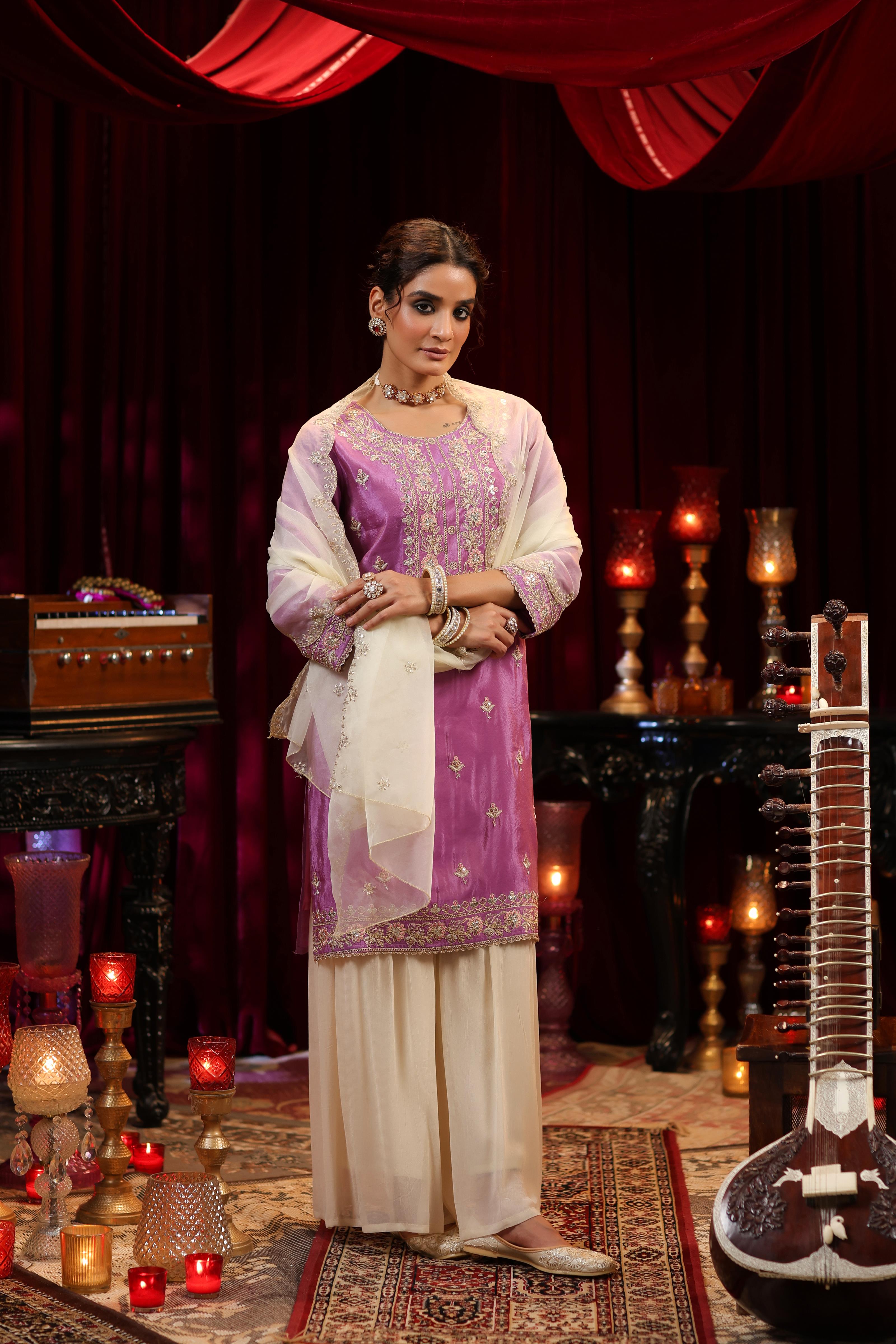 Purple-Ivory Shimmer Organza Embroidered Sharara Set