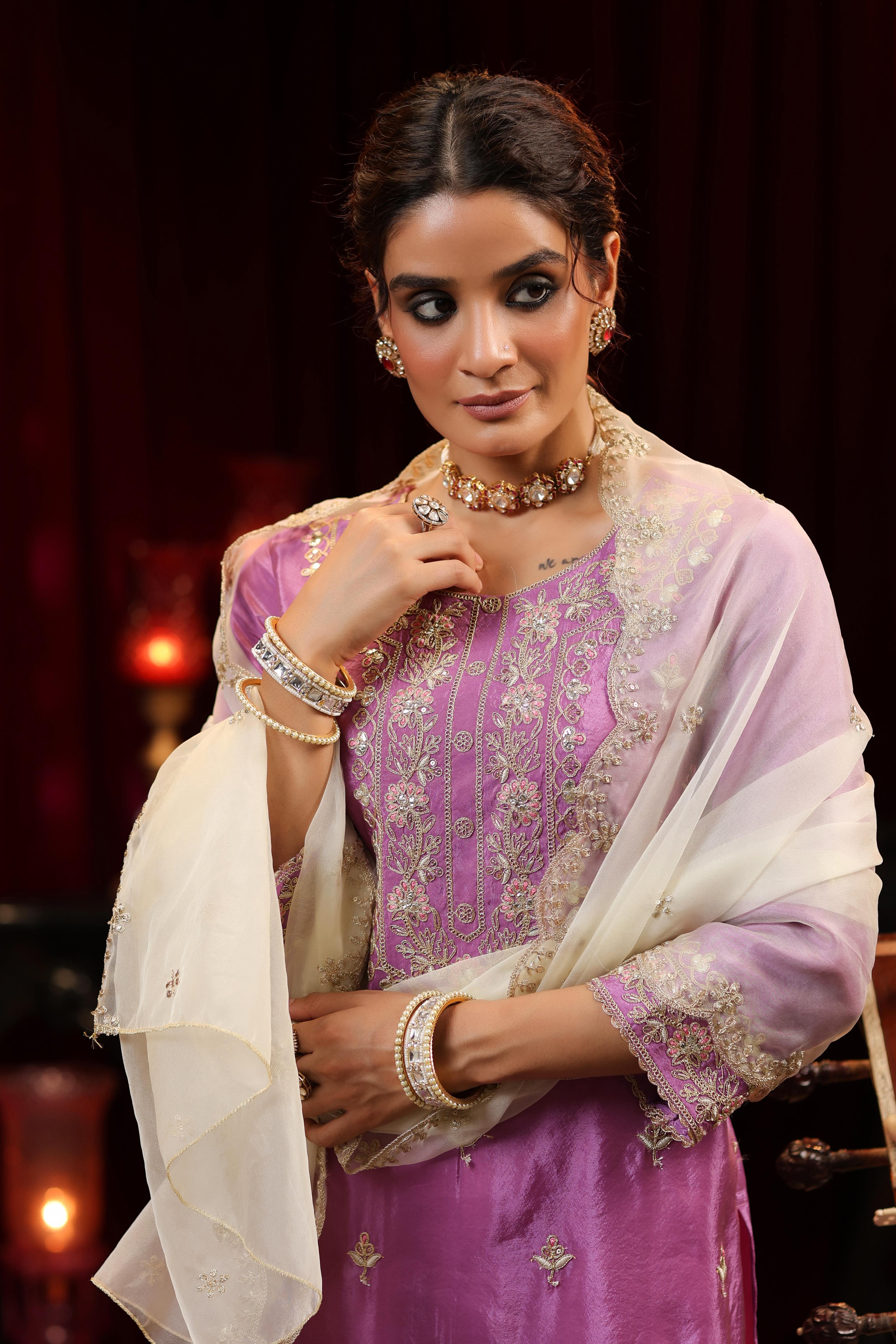 Purple-Ivory Shimmer Organza Embroidered Sharara Set