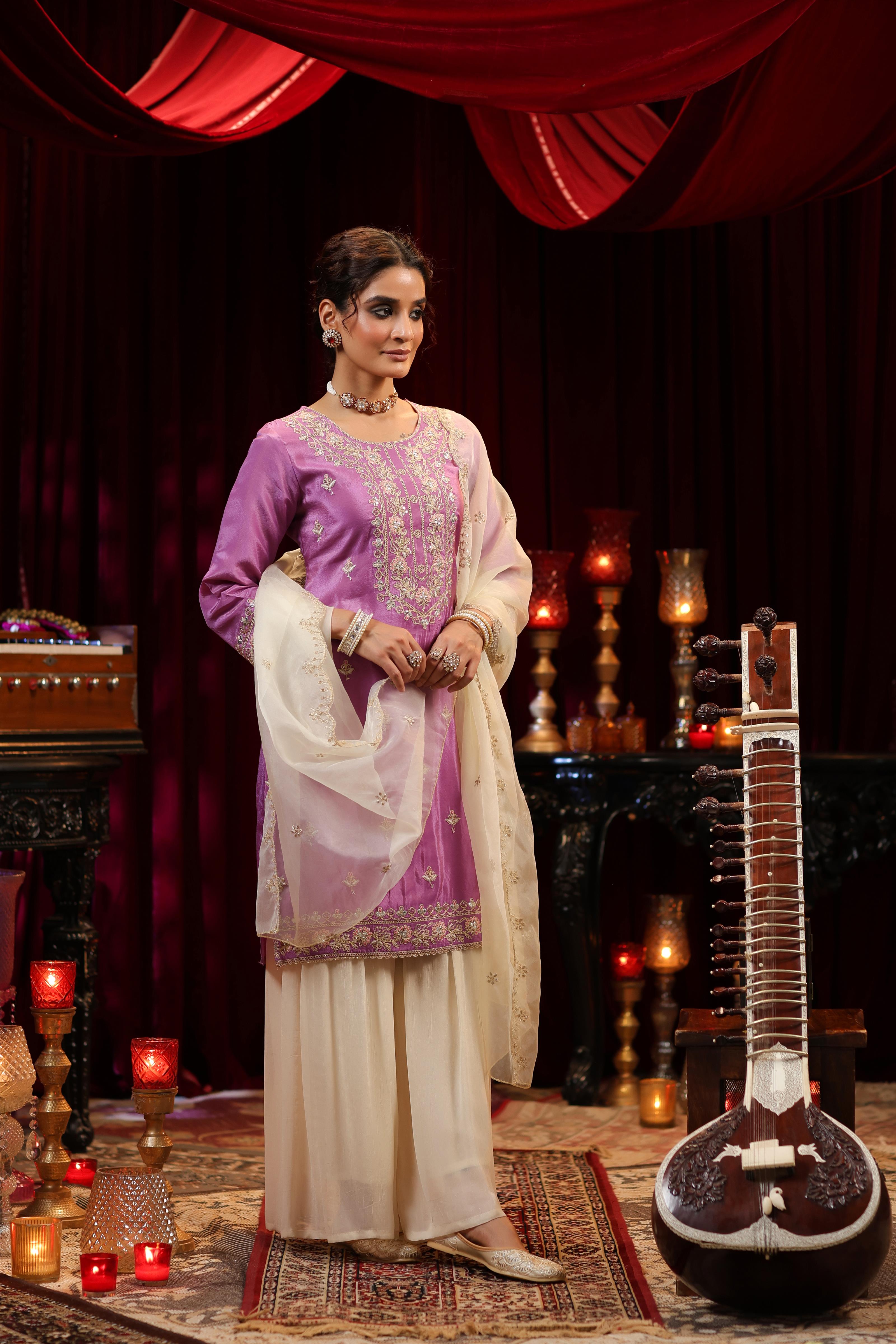 Purple-Ivory Shimmer Organza Embroidered Sharara Set