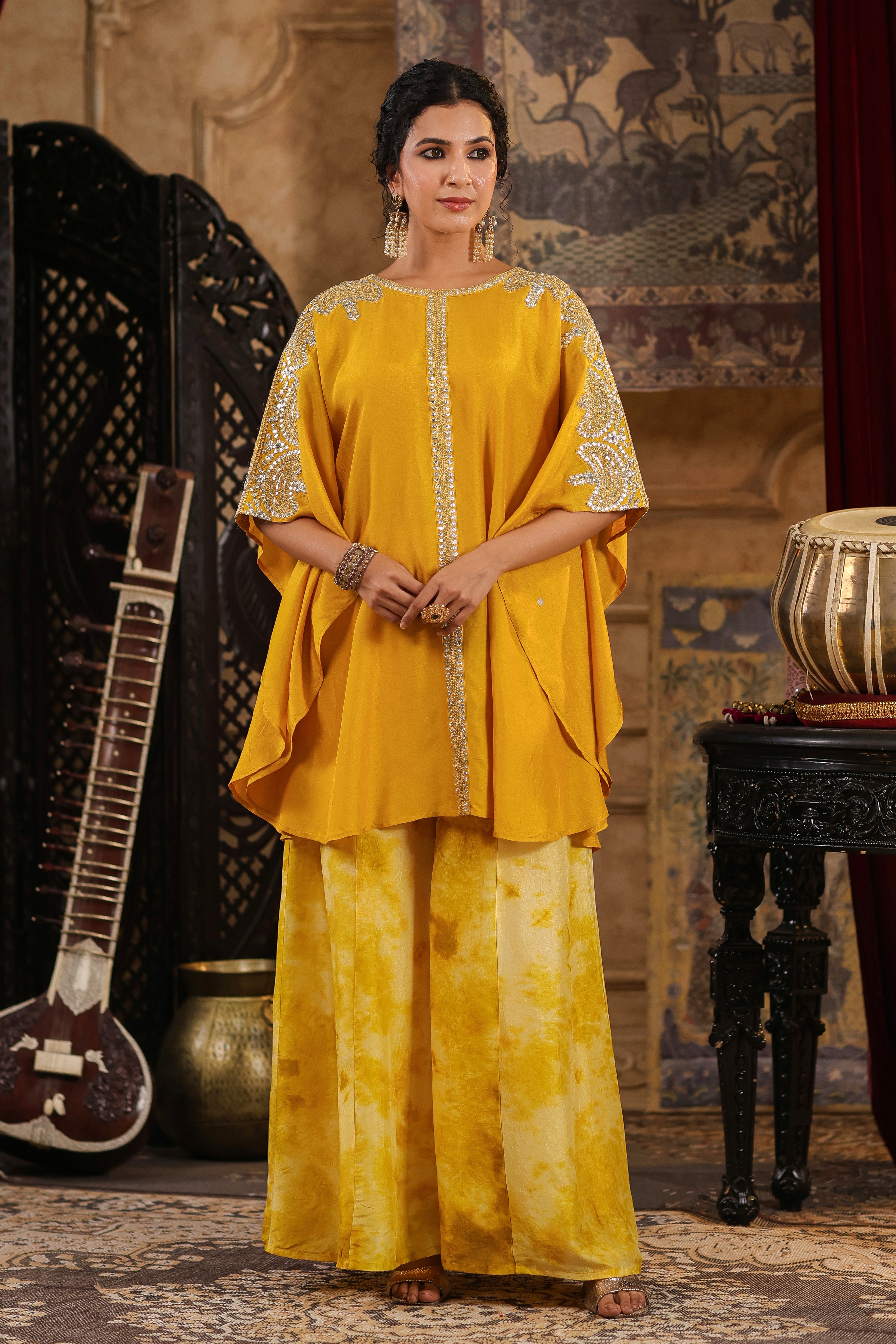 Mustard Dupion Silk Dori-Gota Work Kaftan Set