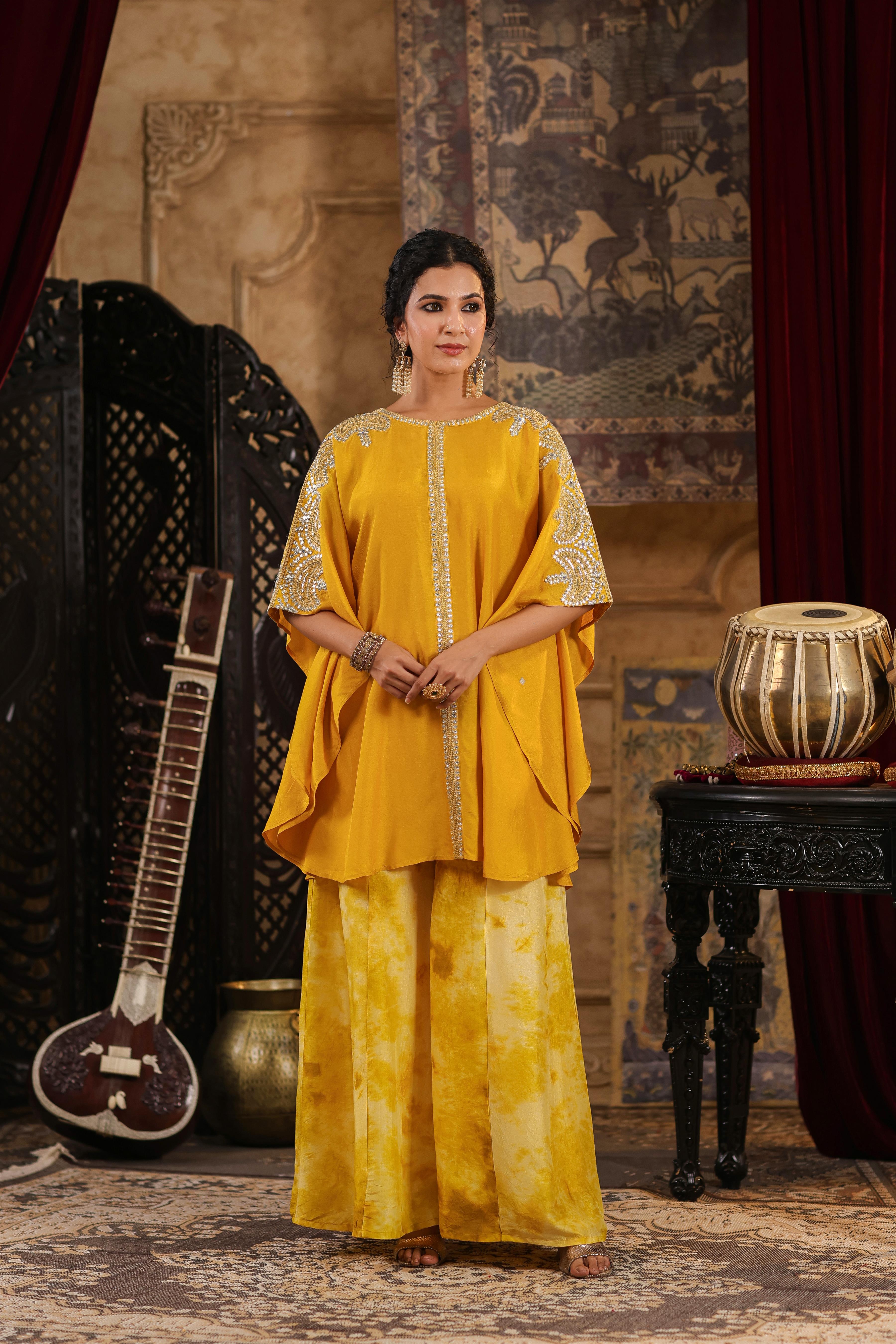 Mustard Dupion Silk Dori-Gota Work Kaftan Set