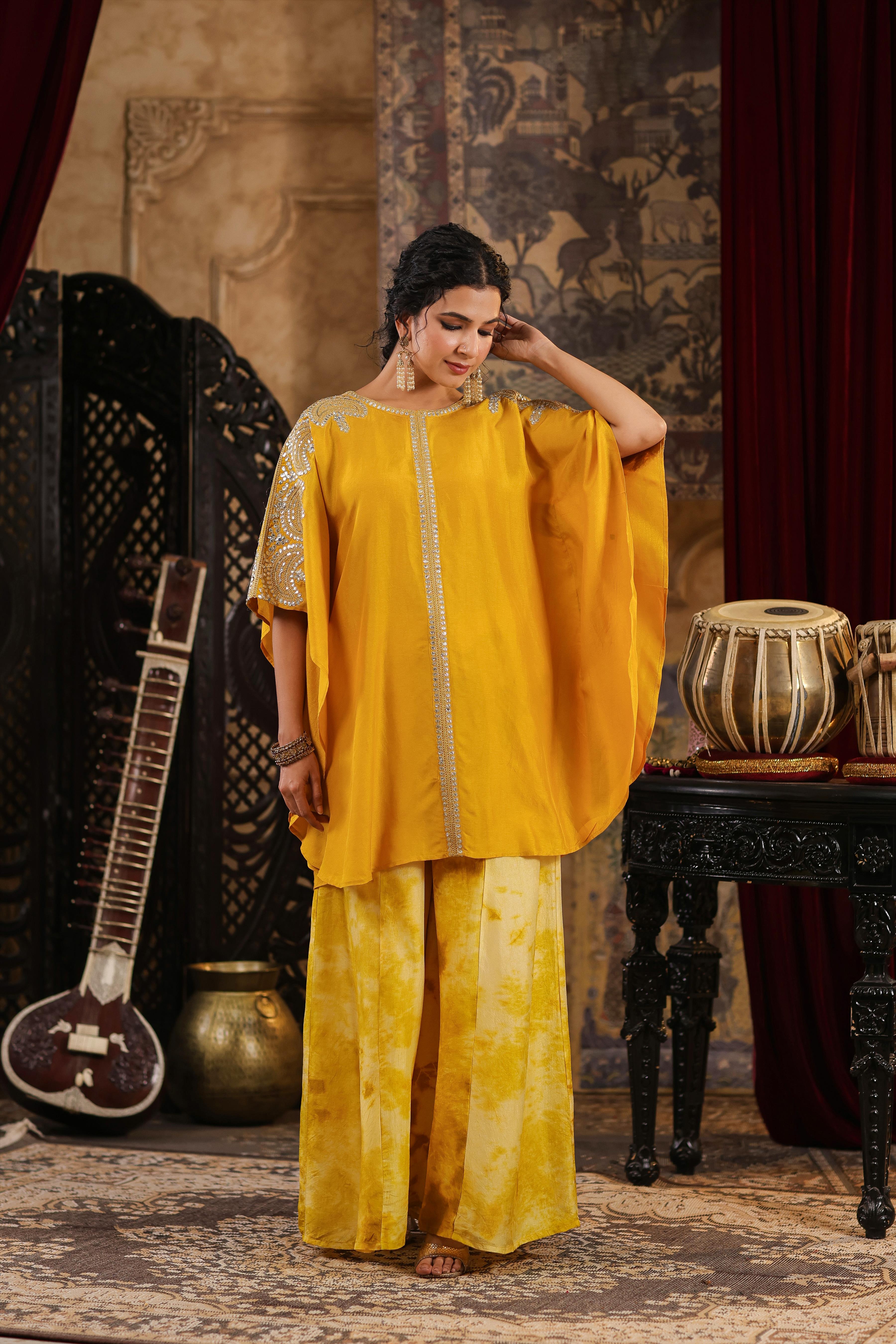 Mustard Dupion Silk Dori-Gota Work Kaftan Set