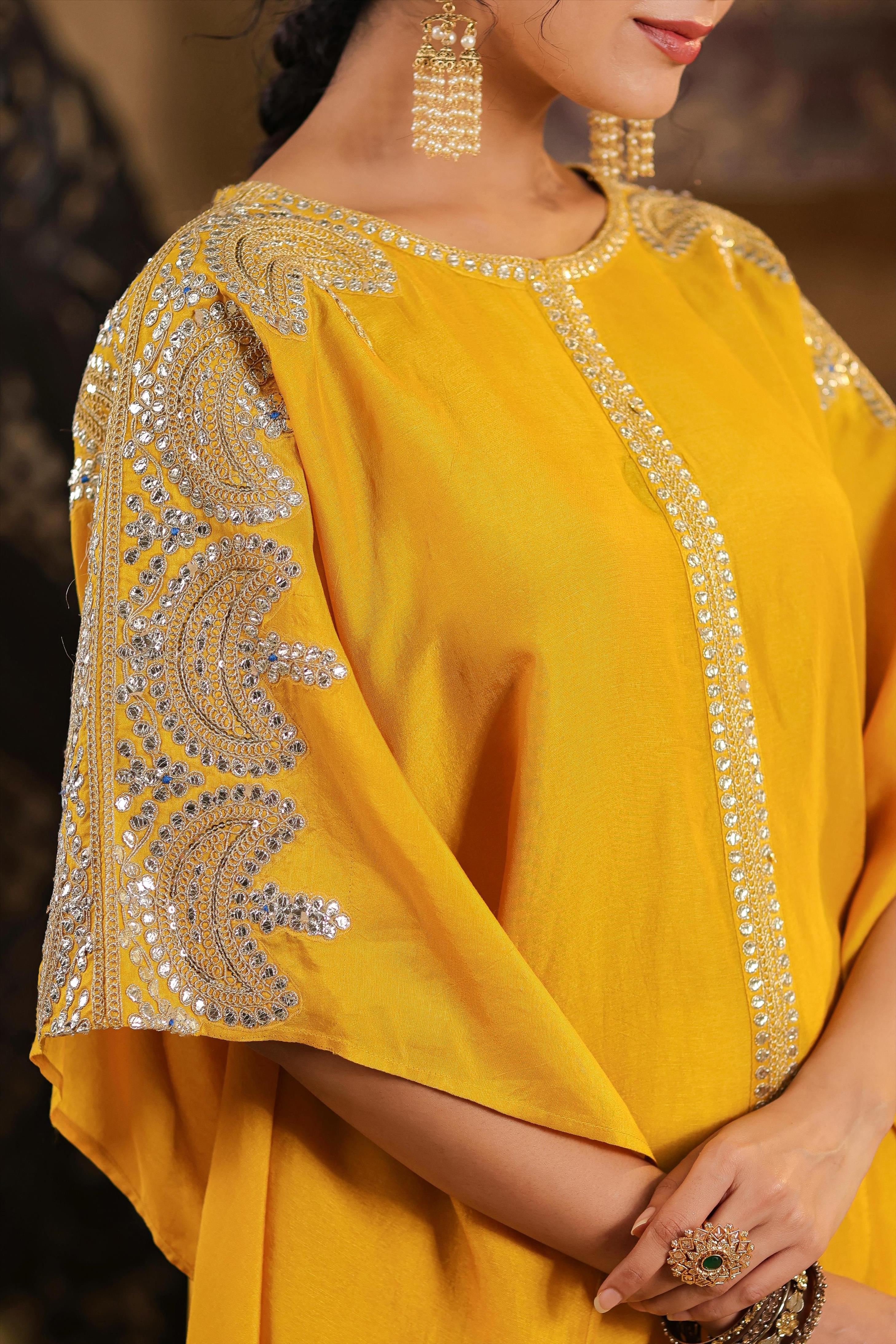 Mustard Dupion Silk Dori-Gota Work Kaftan Set