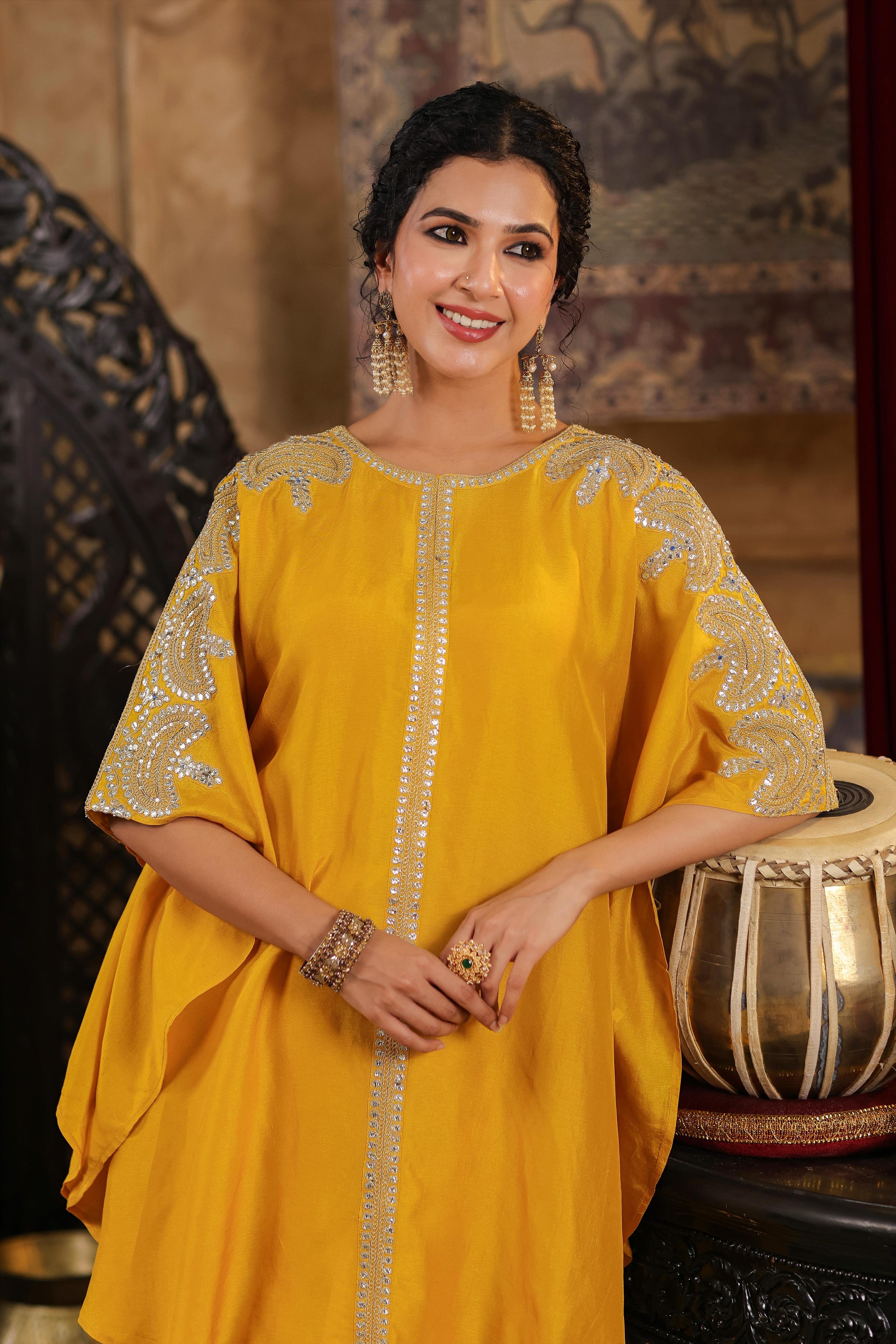 Mustard Dupion Silk Dori-Gota Work Kaftan Set