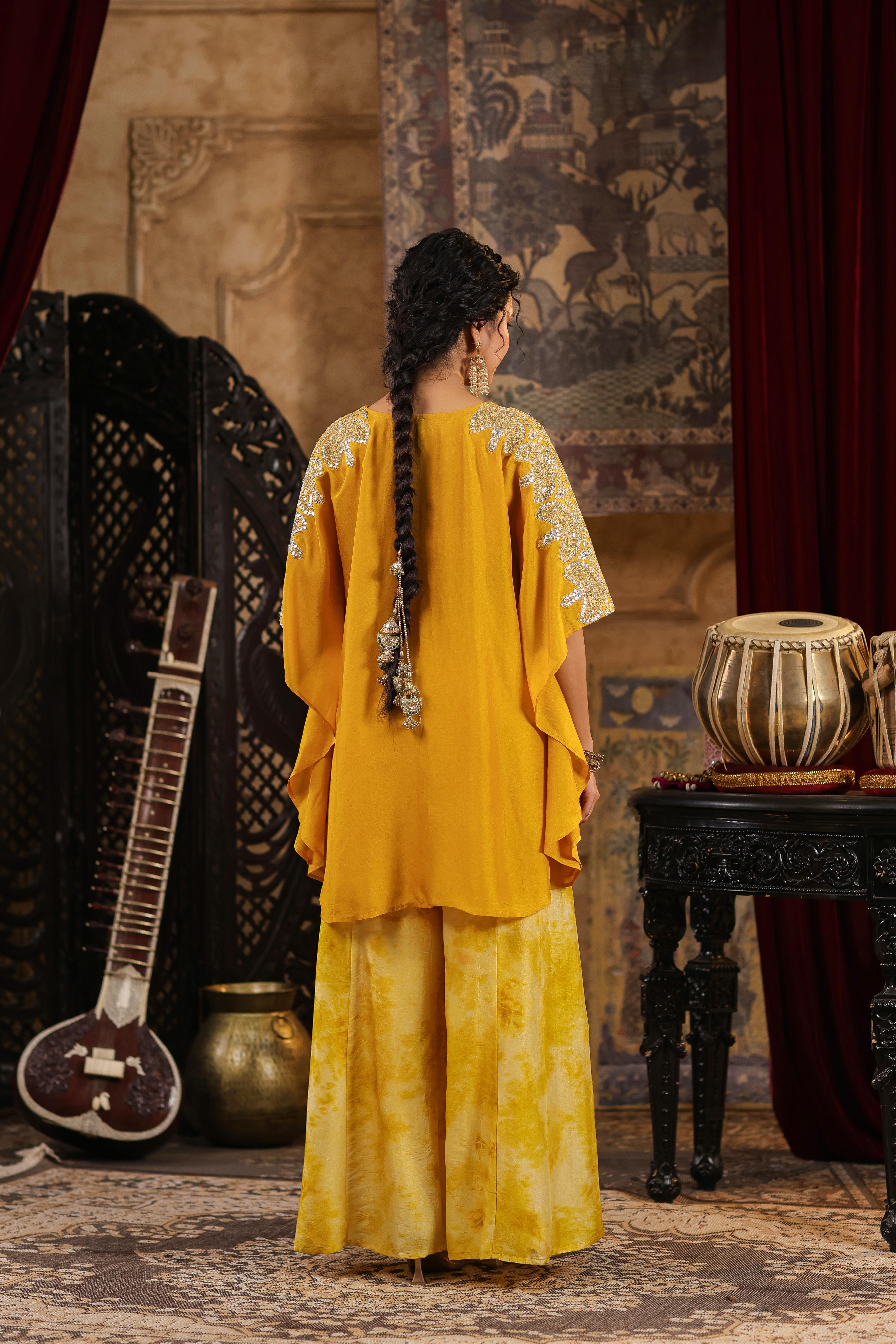 Mustard Dupion Silk Dori-Gota Work Kaftan Set