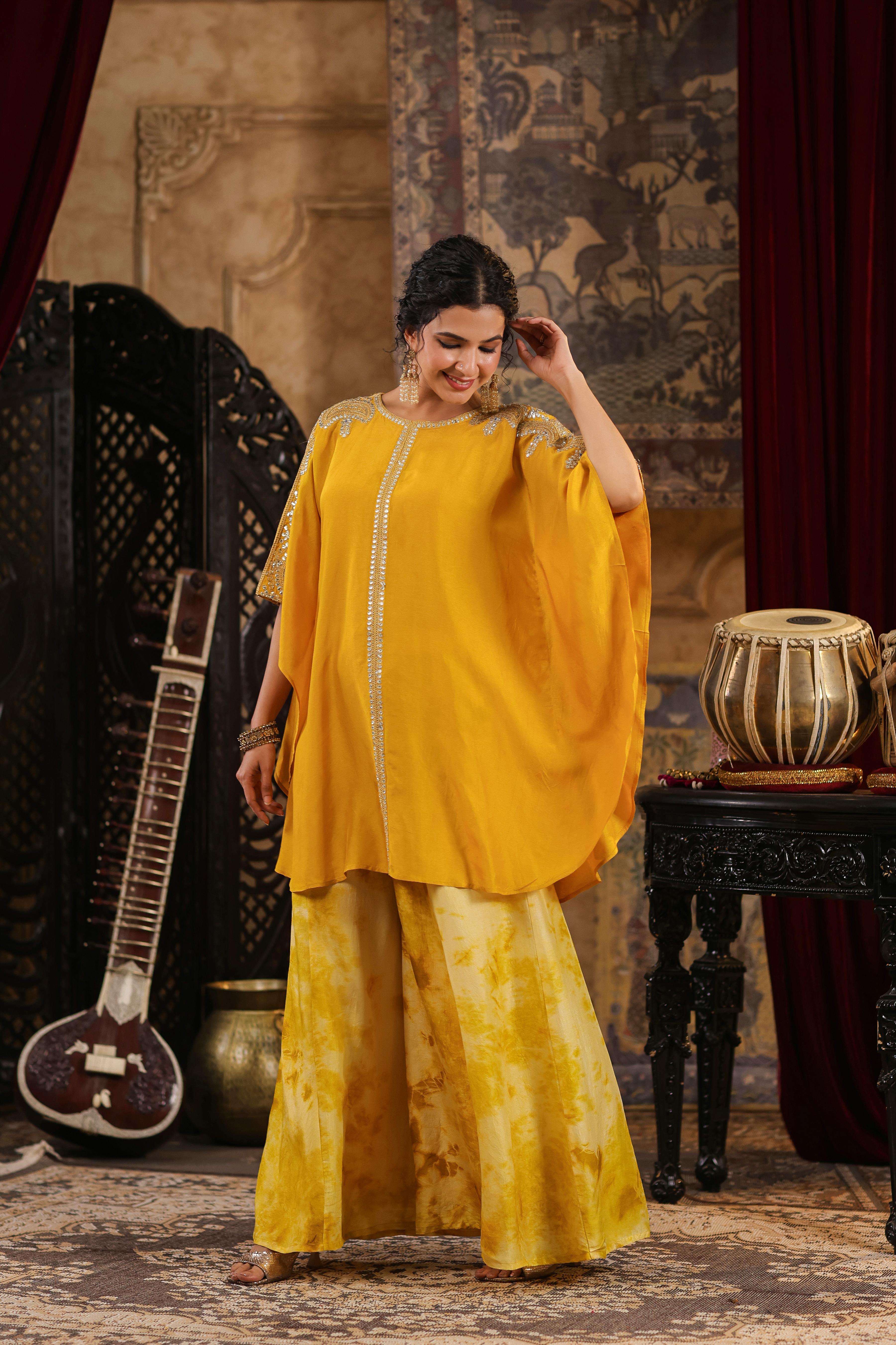 Mustard Dupion Silk Dori-Gota Work Kaftan Set