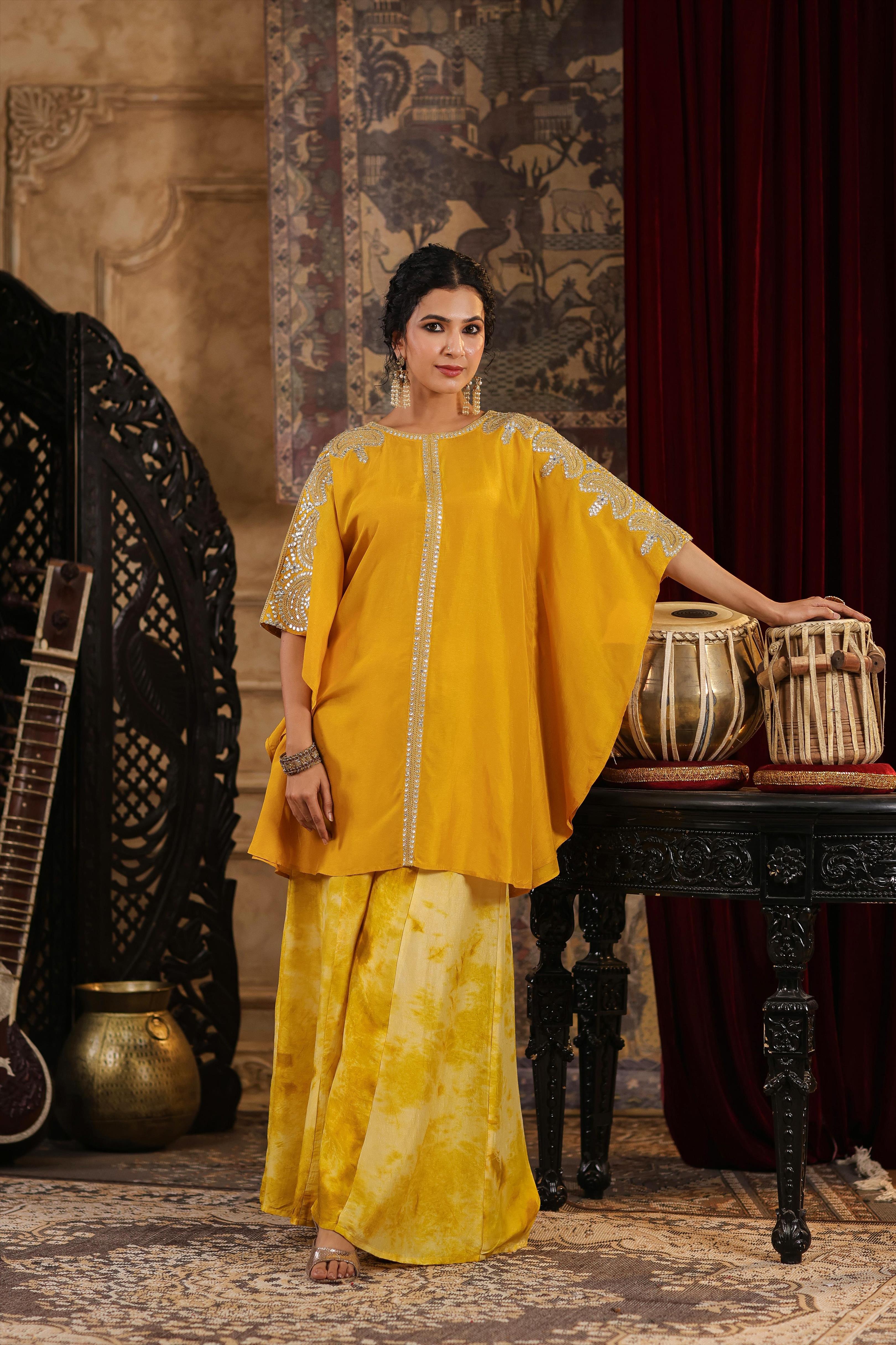 Mustard Dupion Silk Dori-Gota Work Kaftan Set