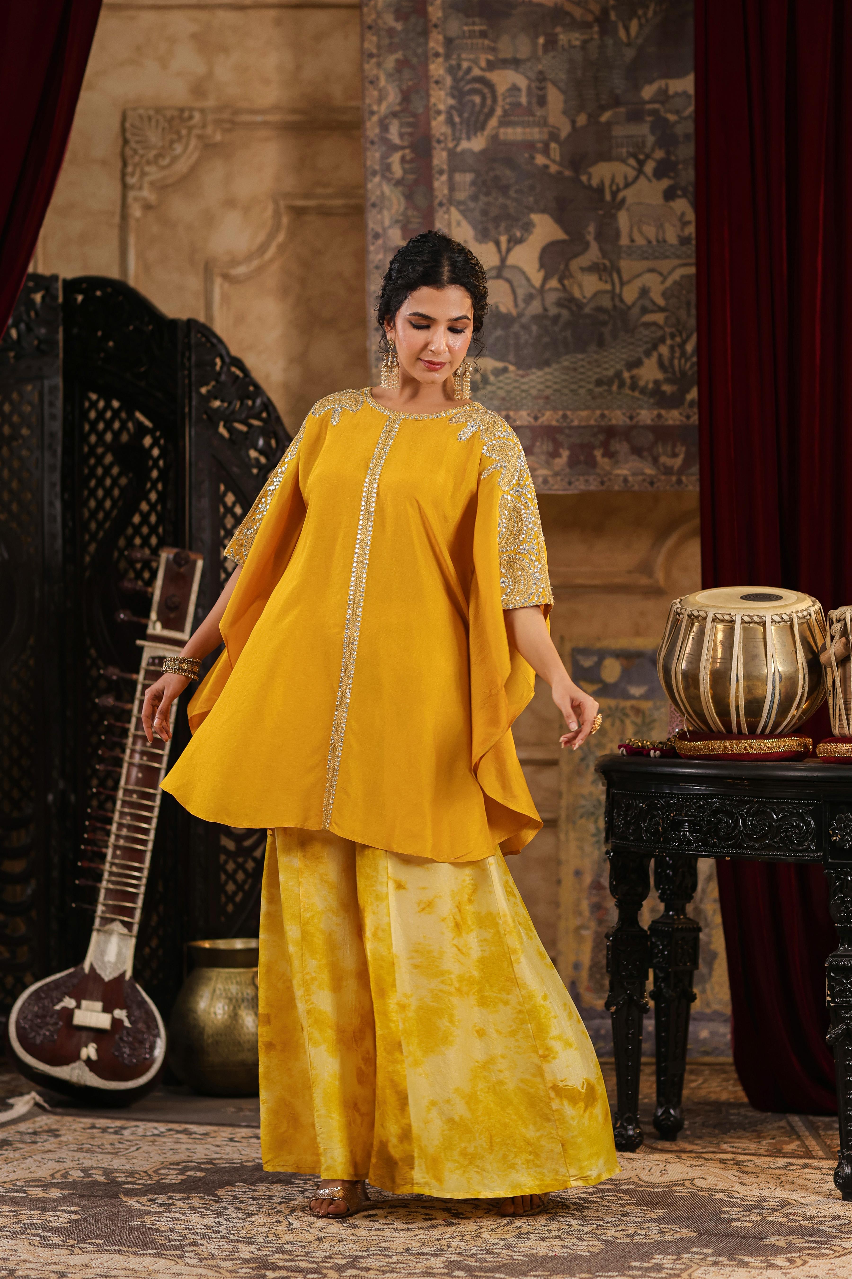 Mustard Dupion Silk Dori-Gota Work Kaftan Set