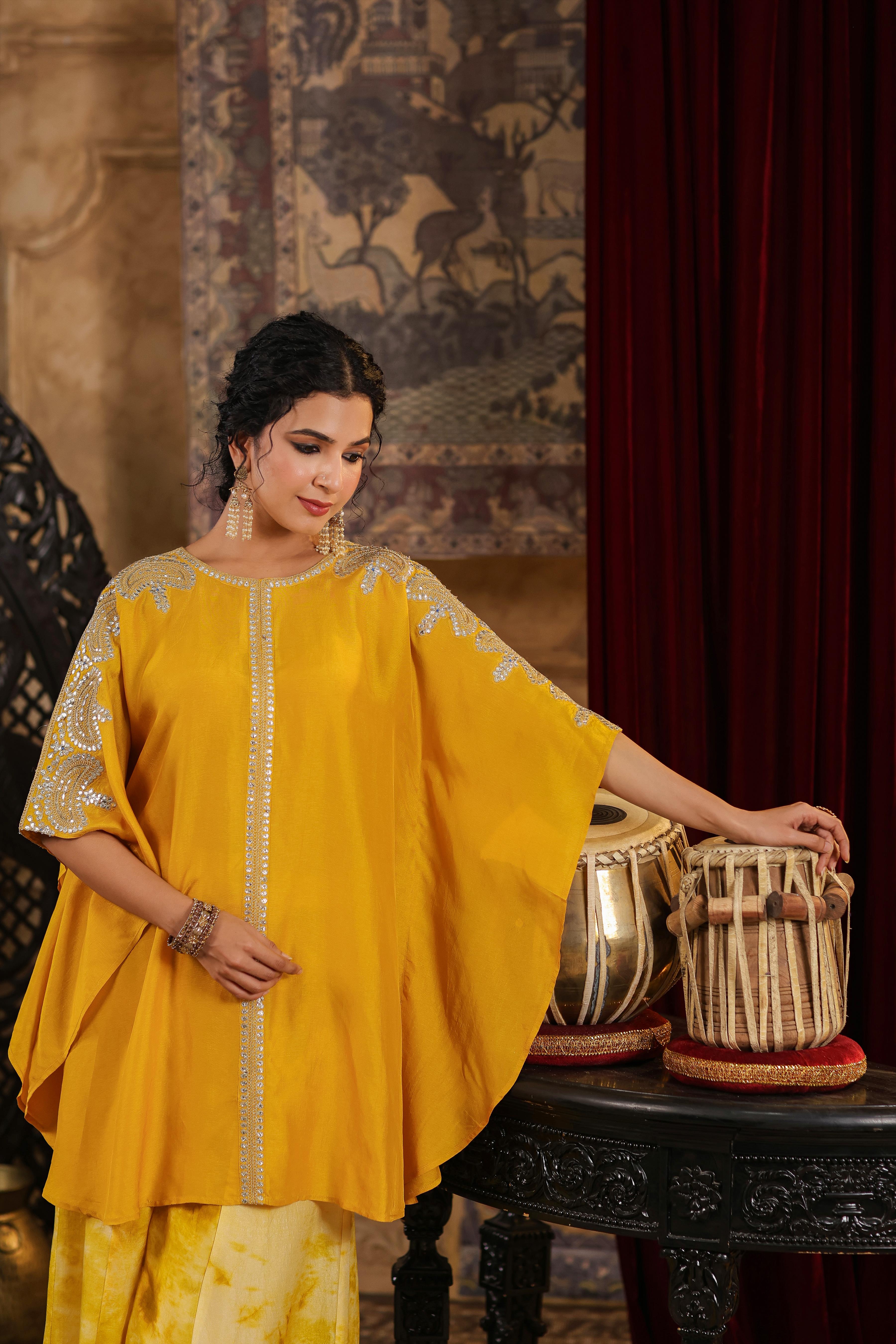 Mustard Dupion Silk Dori-Gota Work Kaftan Set