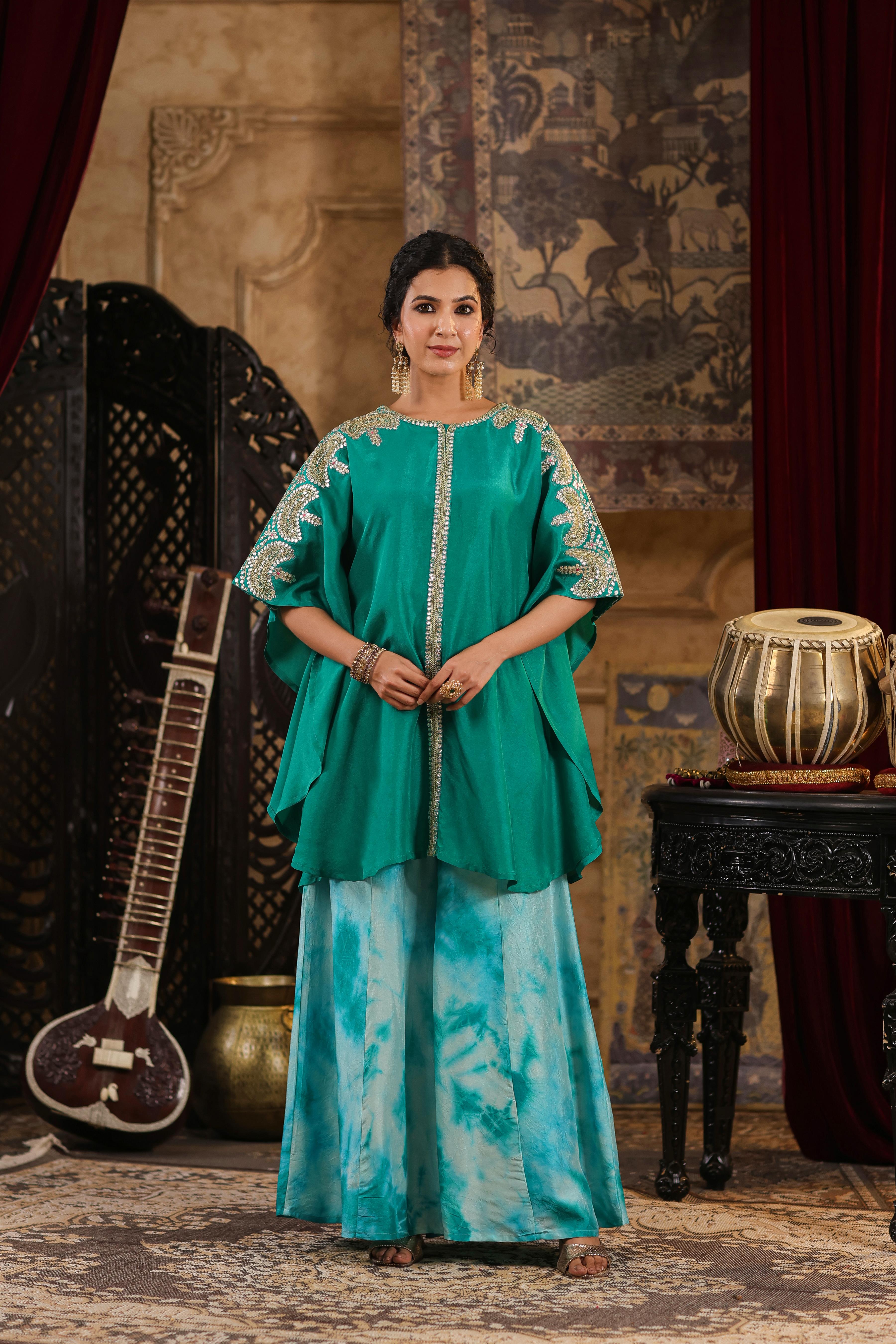 Teal Dupion Silk Dori-Gota Work Kaftan Set