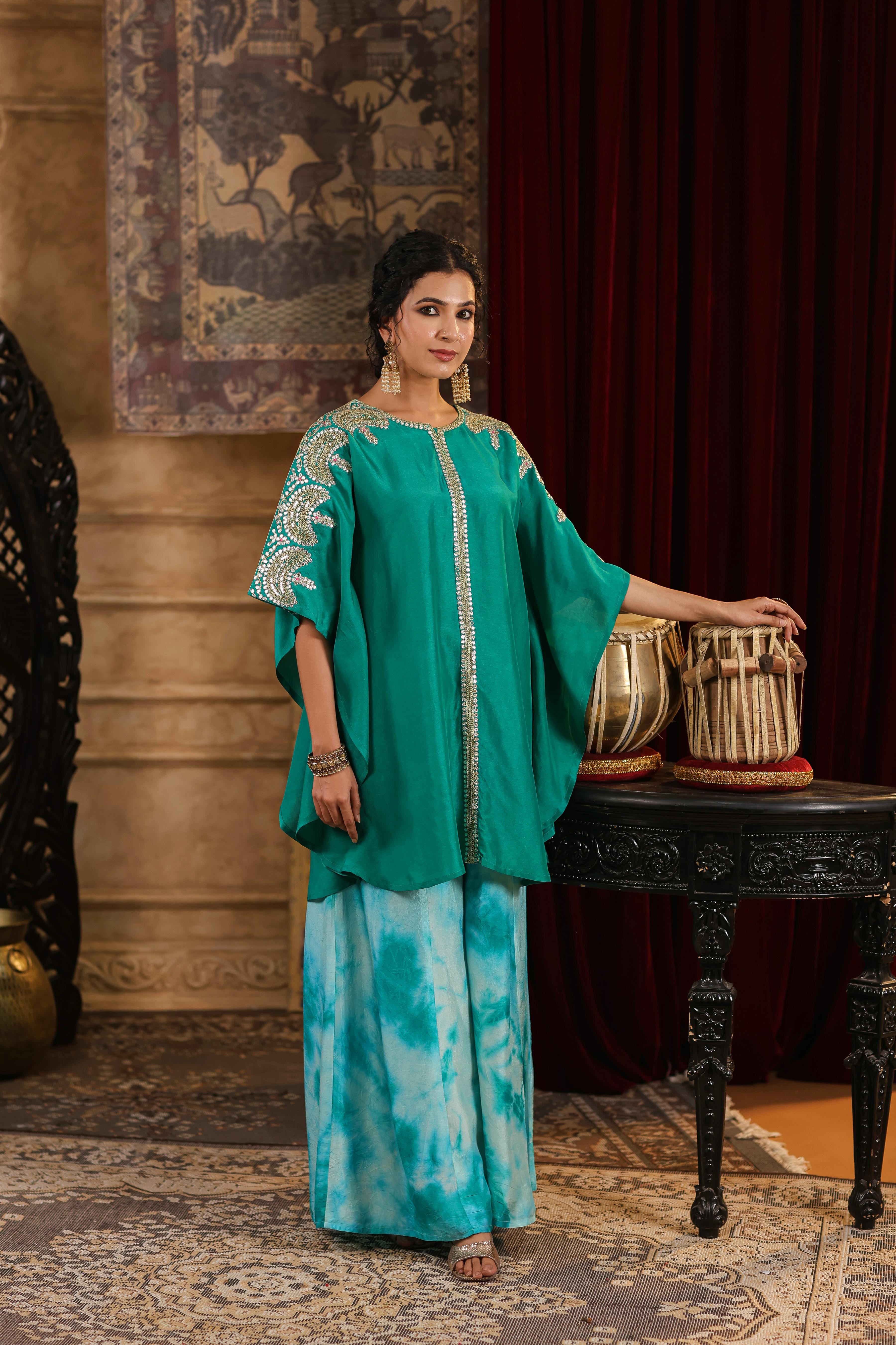 Teal Dupion Silk Dori-Gota Work Kaftan Set