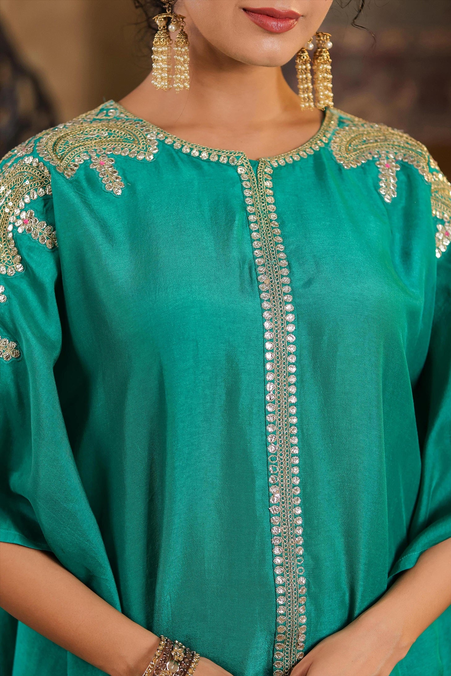 Teal Dupion Silk Dori-Gota Work Kaftan Set