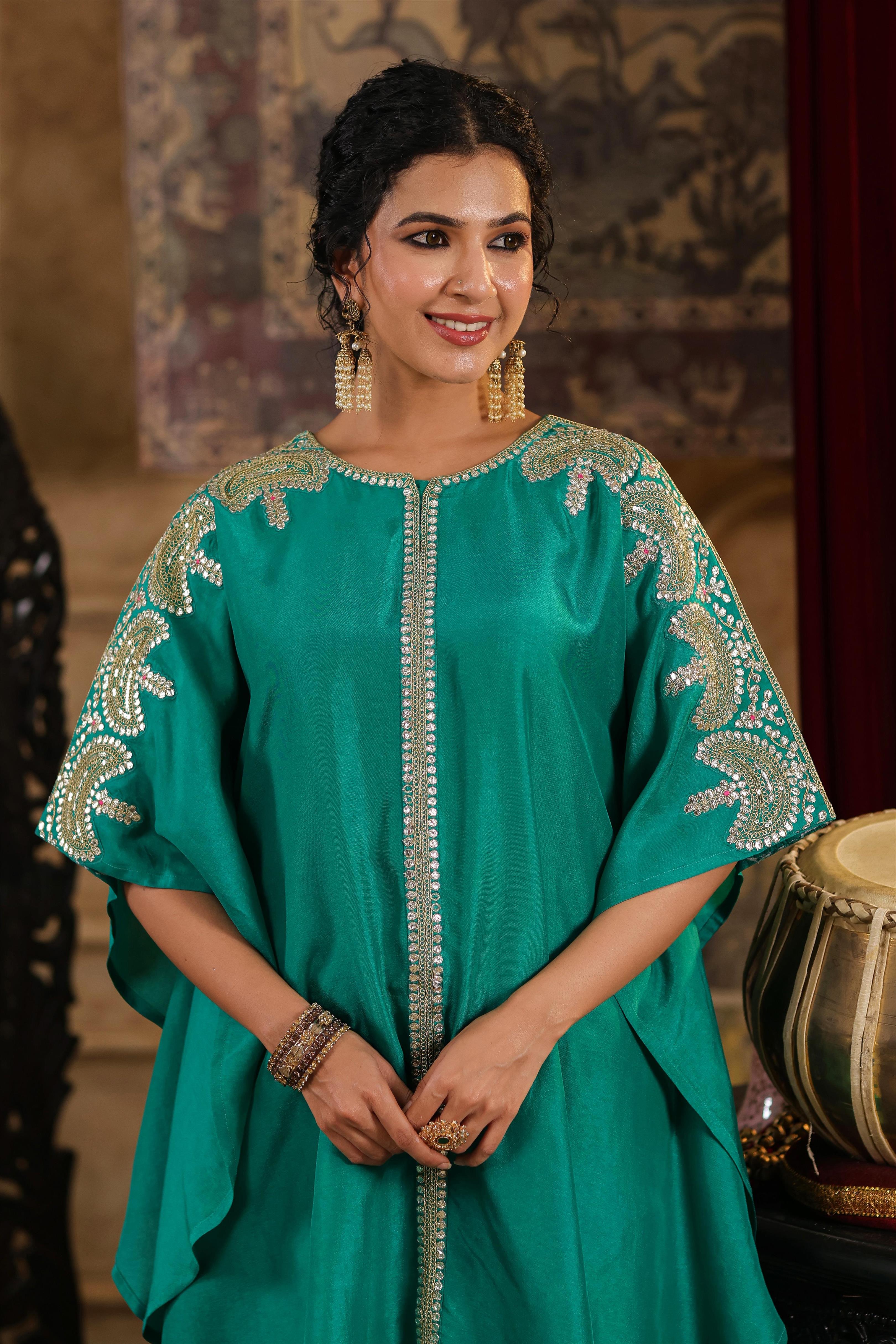 Teal Dupion Silk Dori-Gota Work Kaftan Set