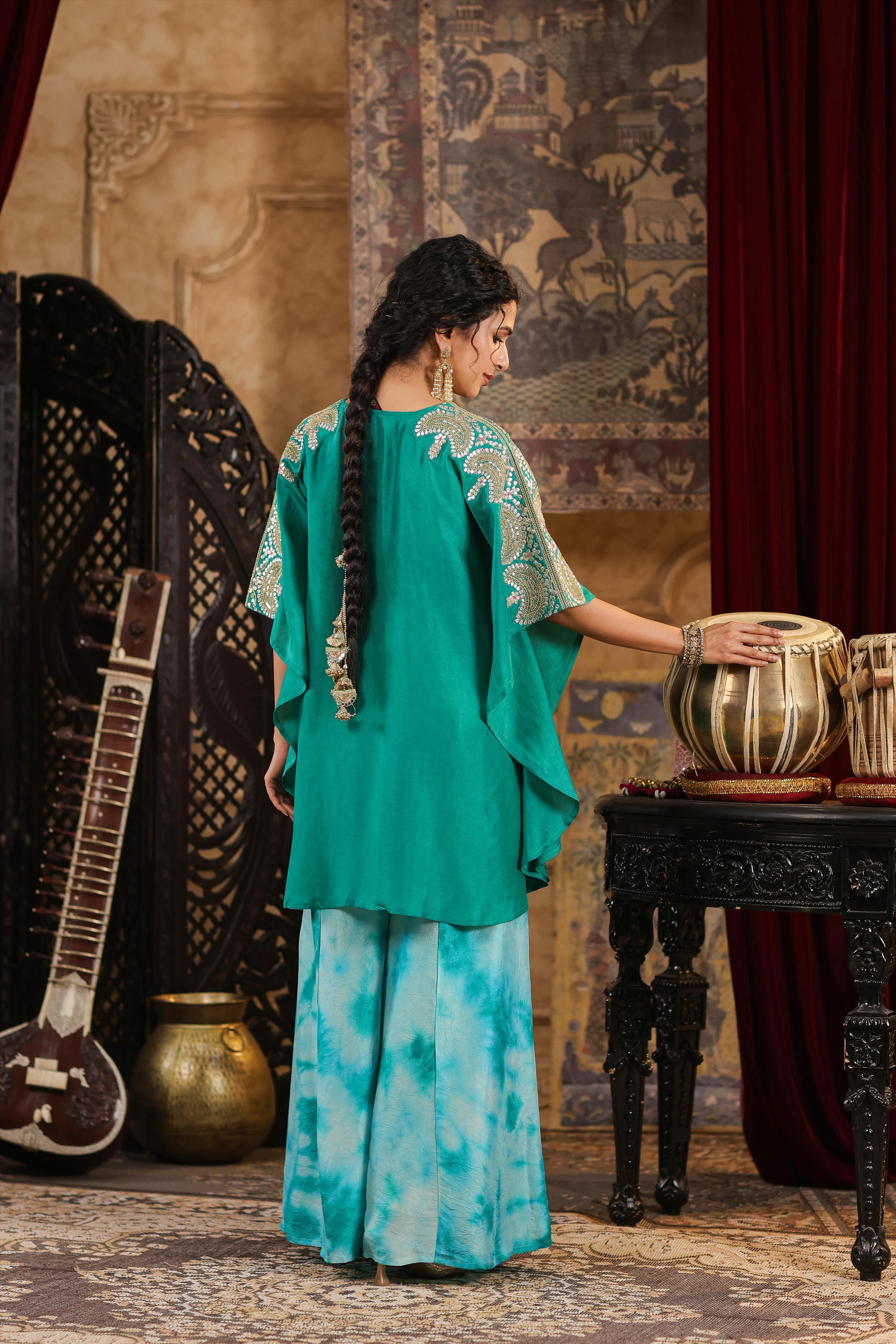 Teal Dupion Silk Dori-Gota Work Kaftan Set