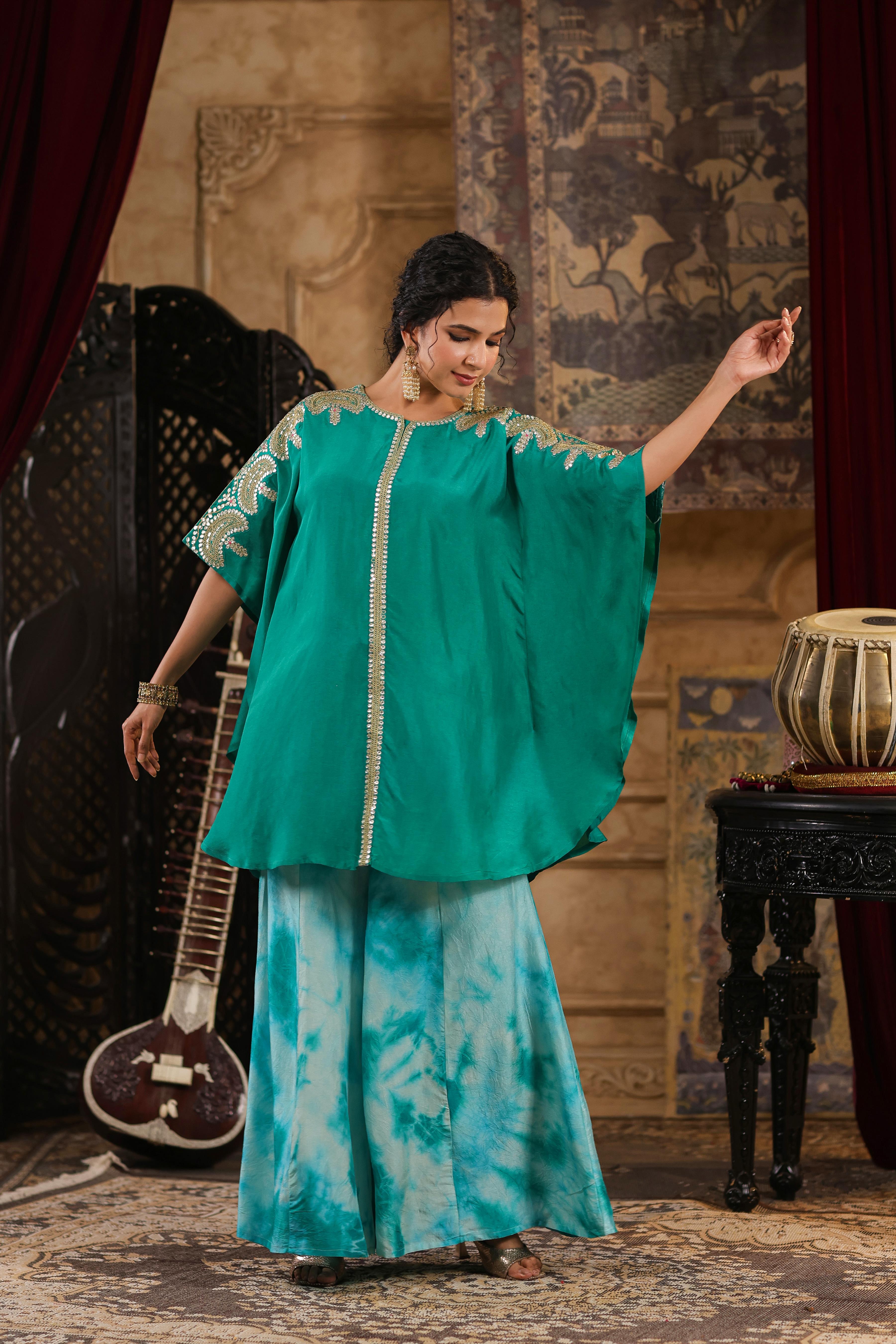 Teal Dupion Silk Dori-Gota Work Kaftan Set