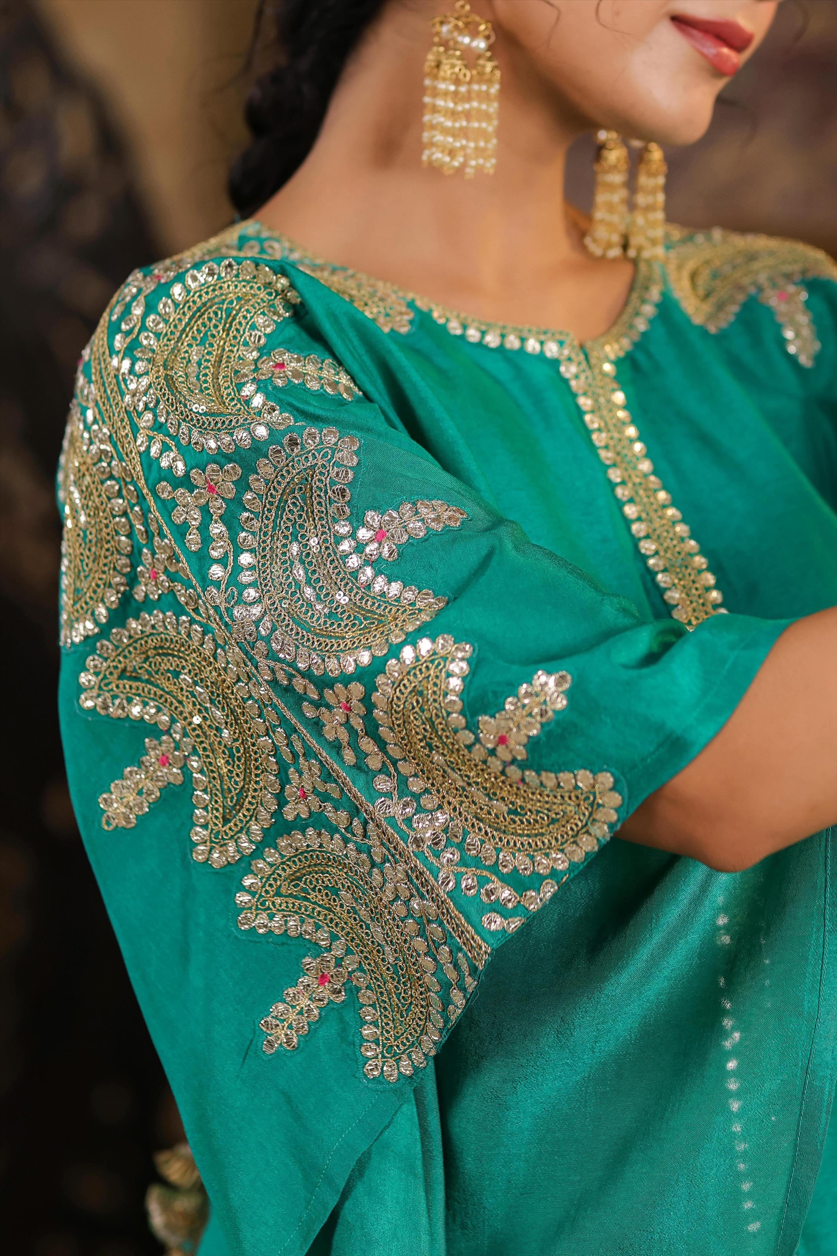 Teal Dupion Silk Dori-Gota Work Kaftan Set