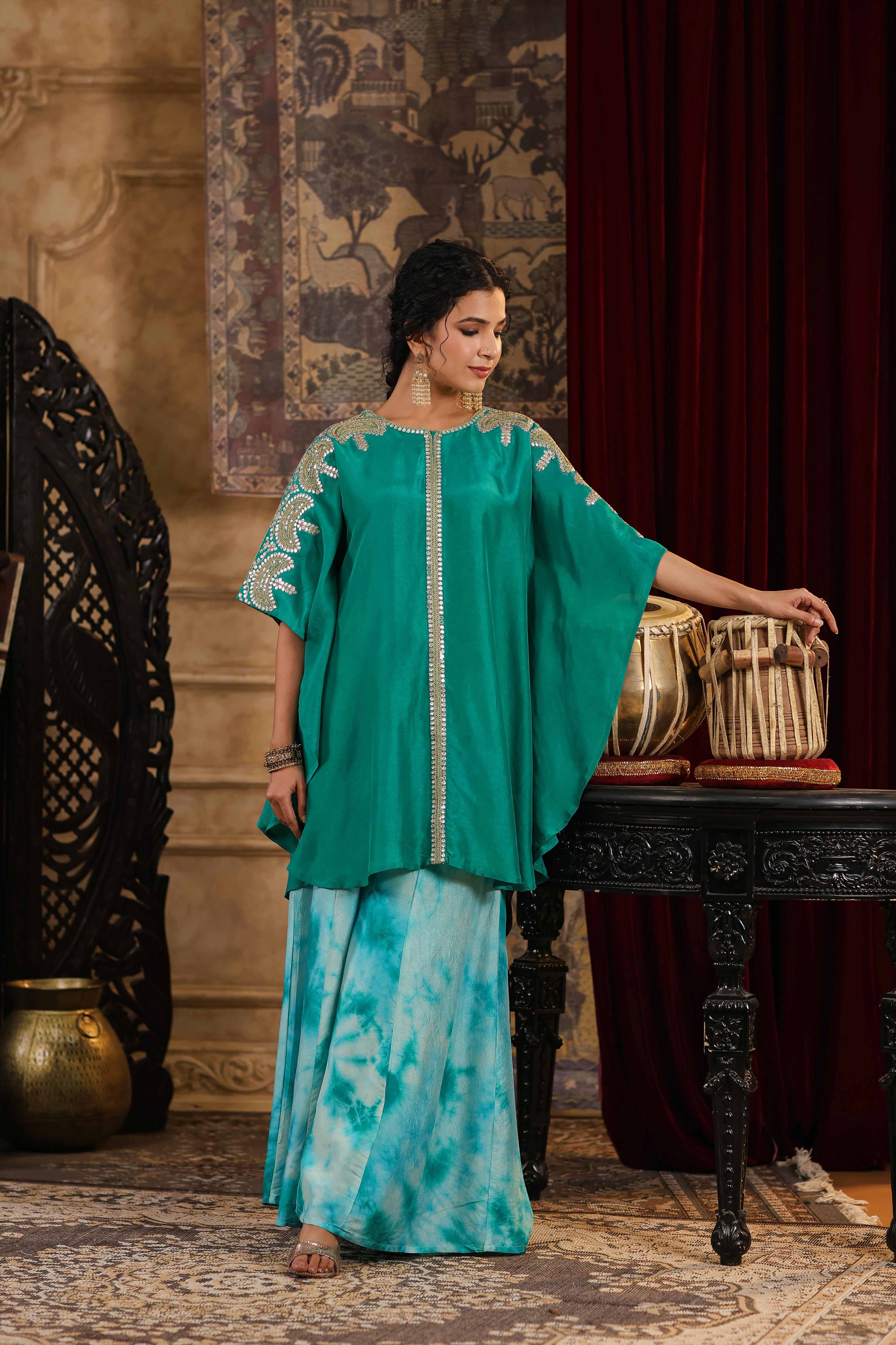 Teal Dupion Silk Dori-Gota Work Kaftan Set