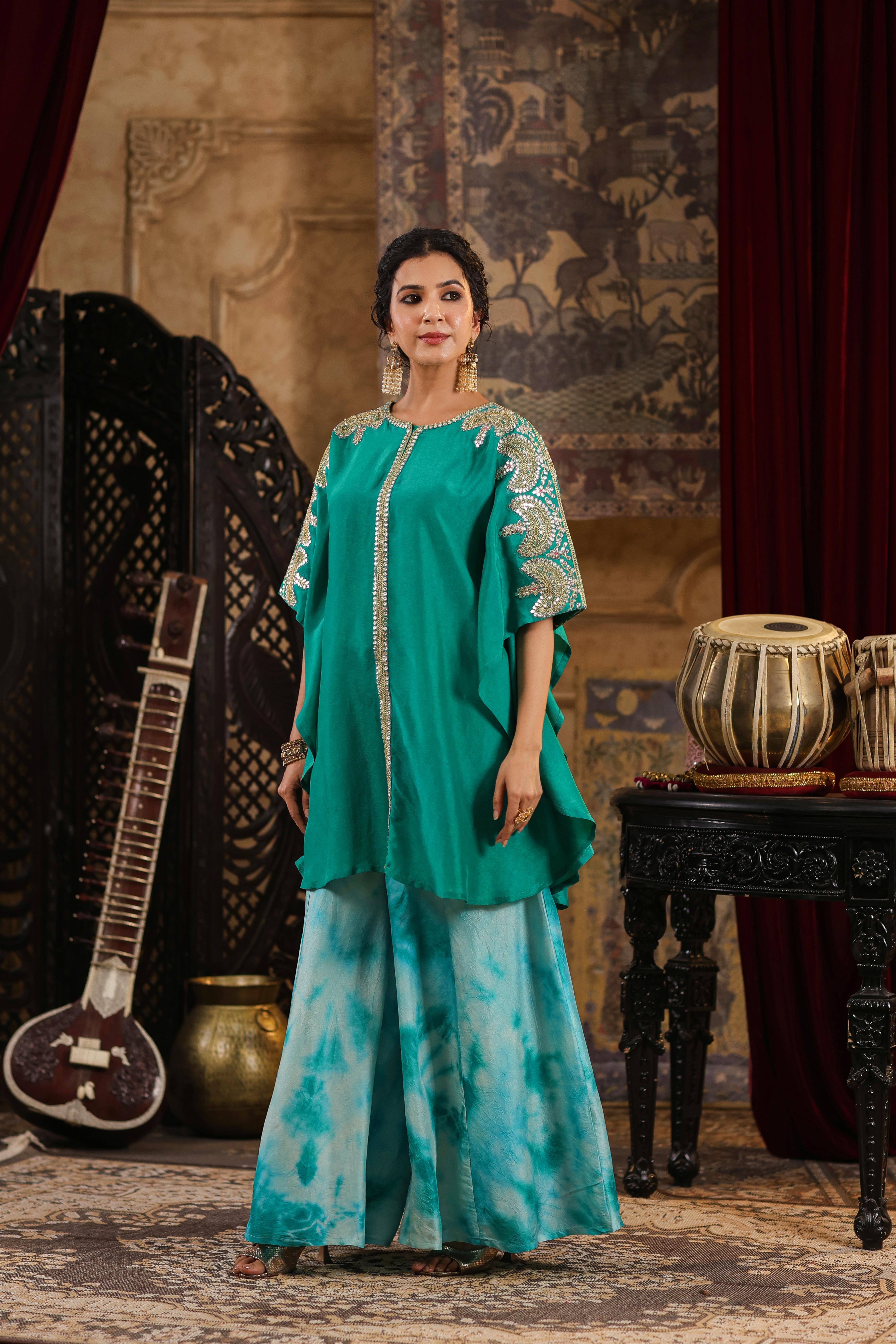 Teal Dupion Silk Dori-Gota Work Kaftan Set