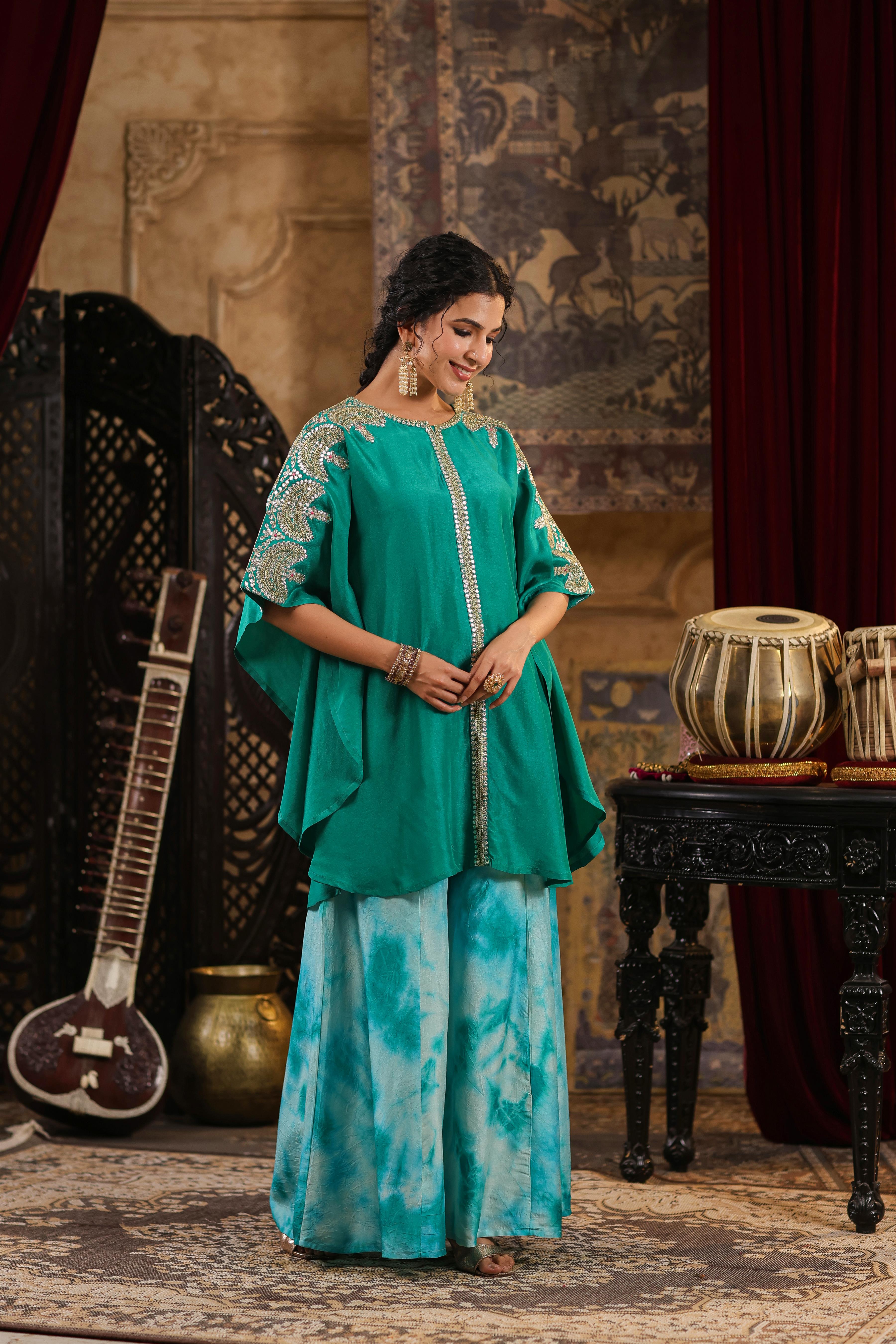 Teal Dupion Silk Dori-Gota Work Kaftan Set