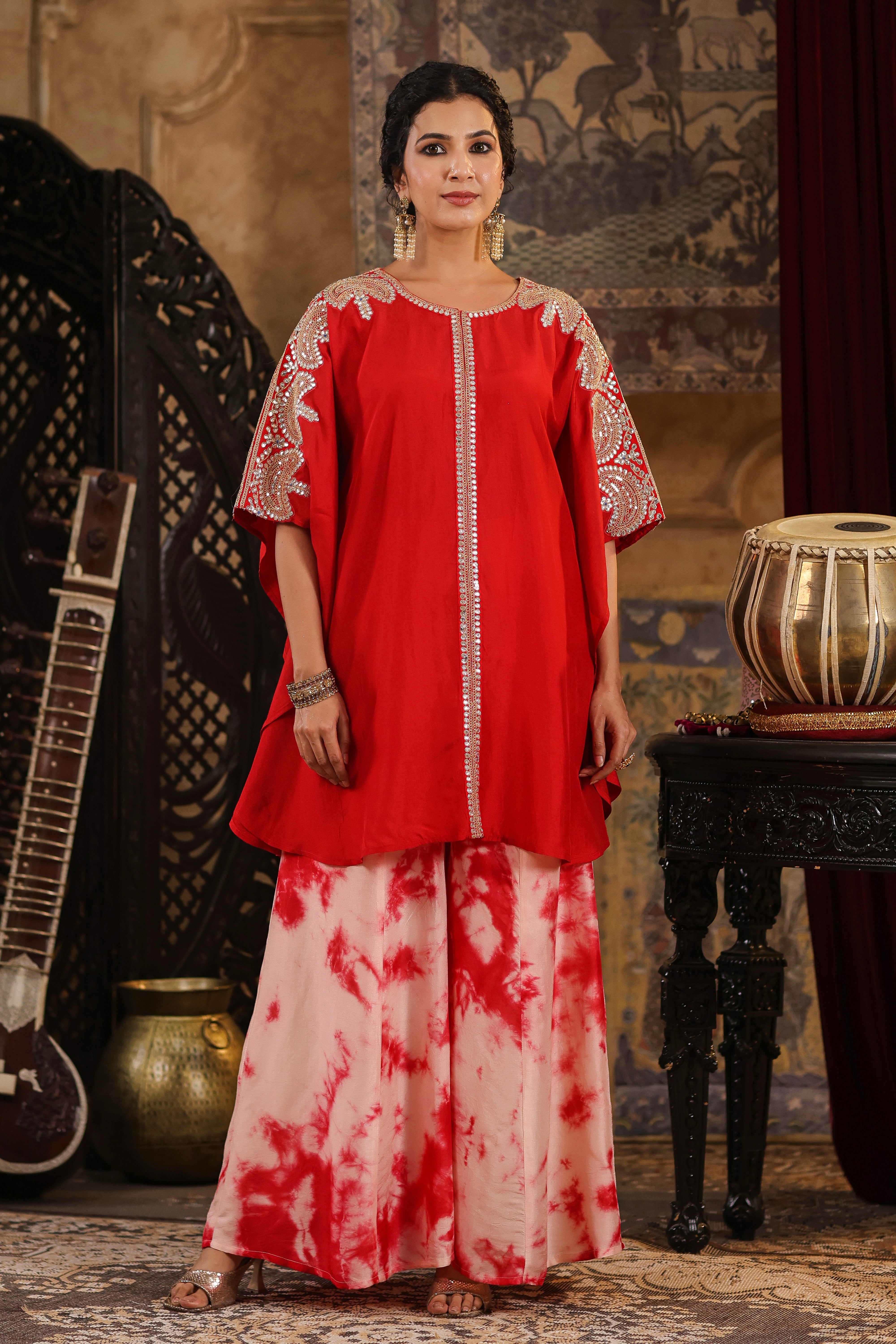 Red Dupion Silk Dori-Gota Work Kaftan Set