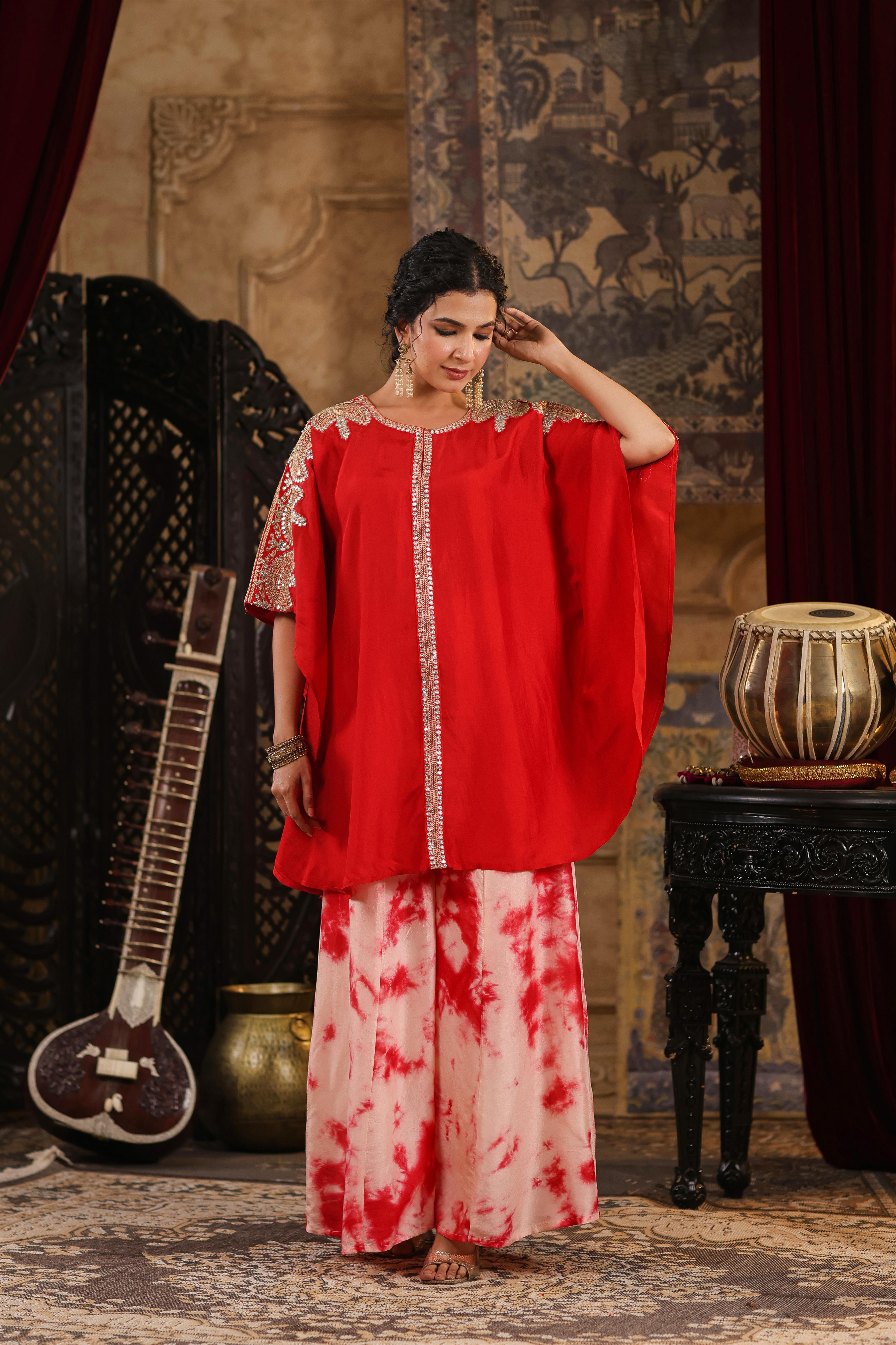 Red Dupion Silk Dori-Gota Work Kaftan Set