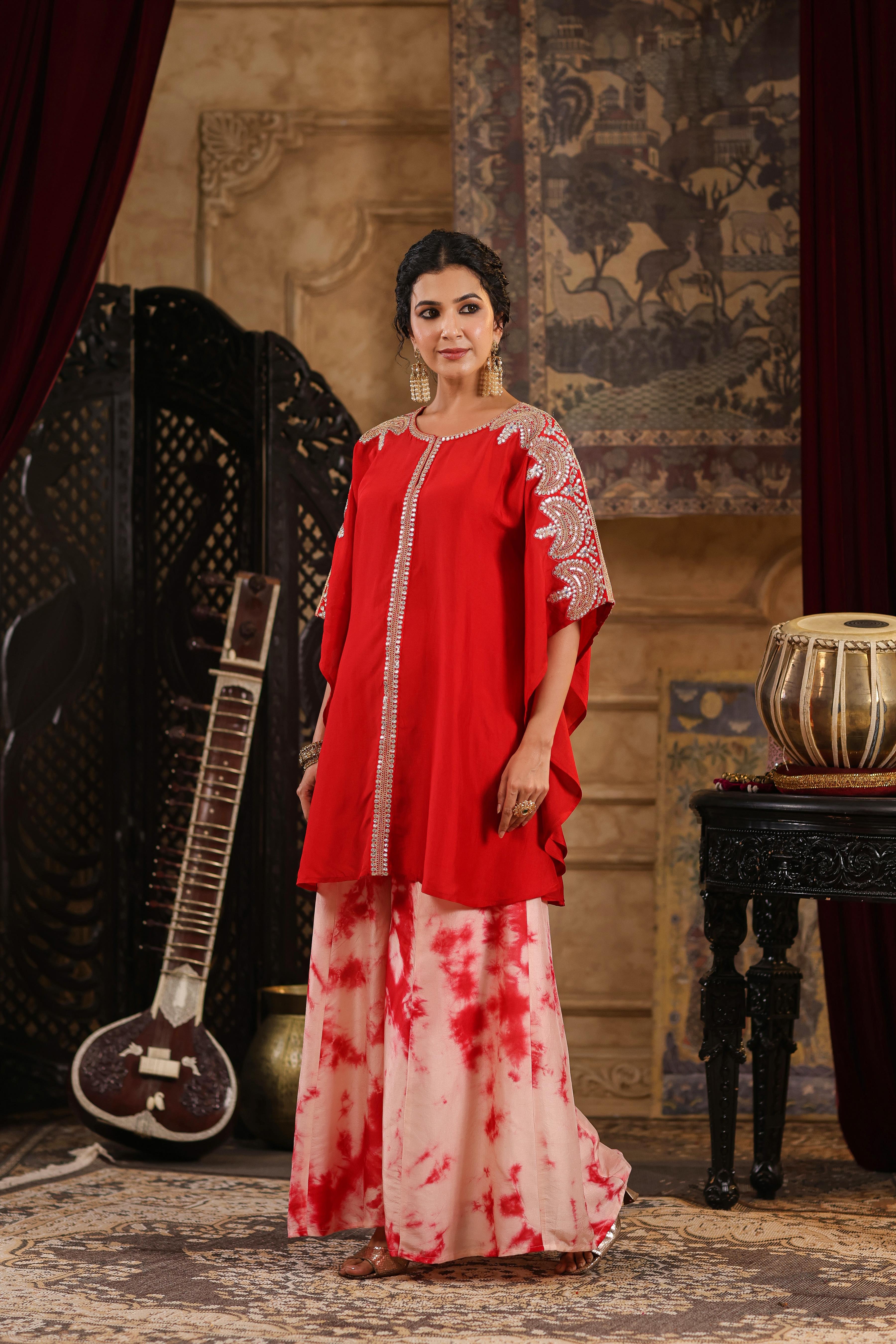 Red Dupion Silk Dori-Gota Work Kaftan Set