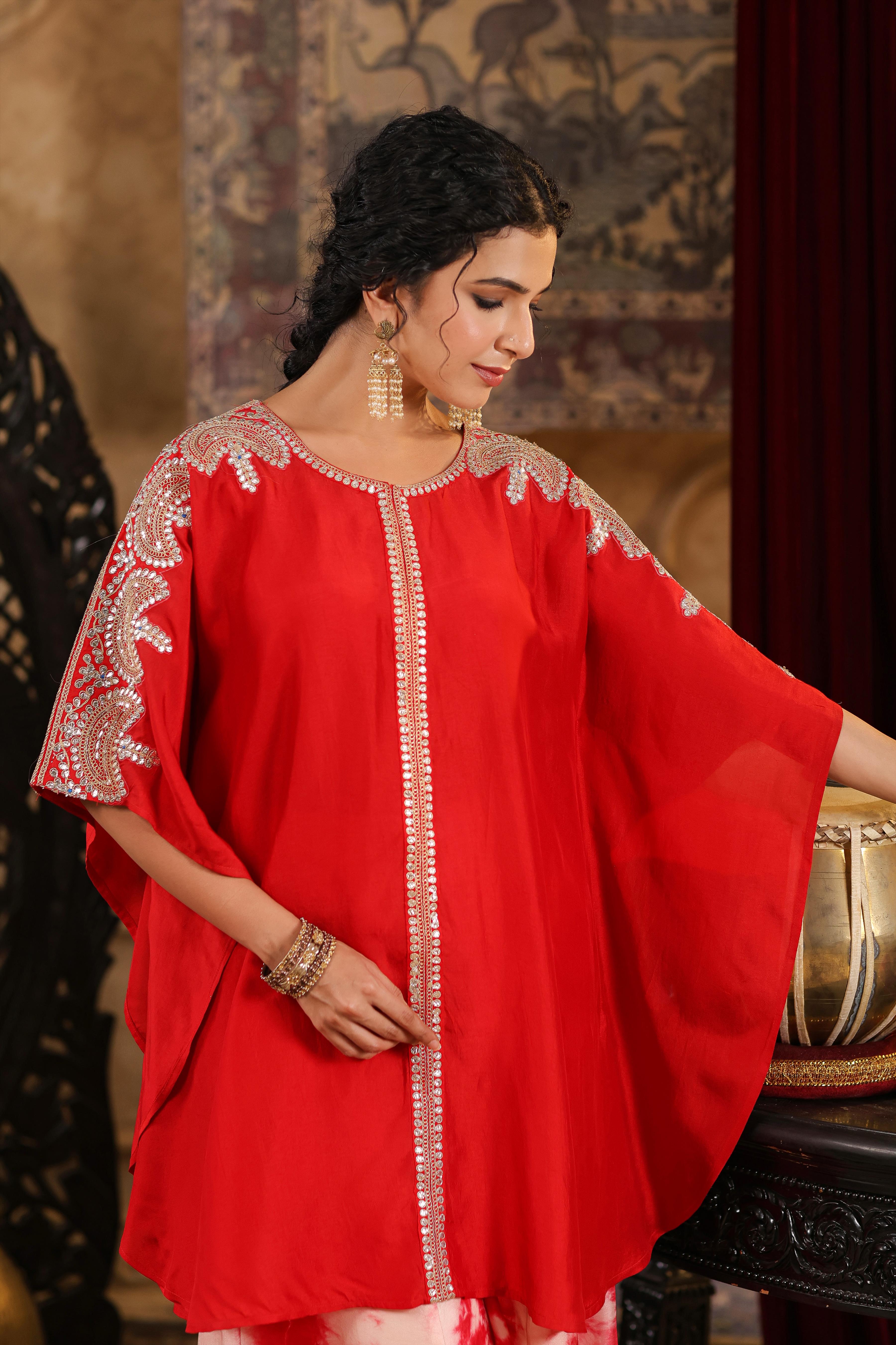 Red Dupion Silk Dori-Gota Work Kaftan Set