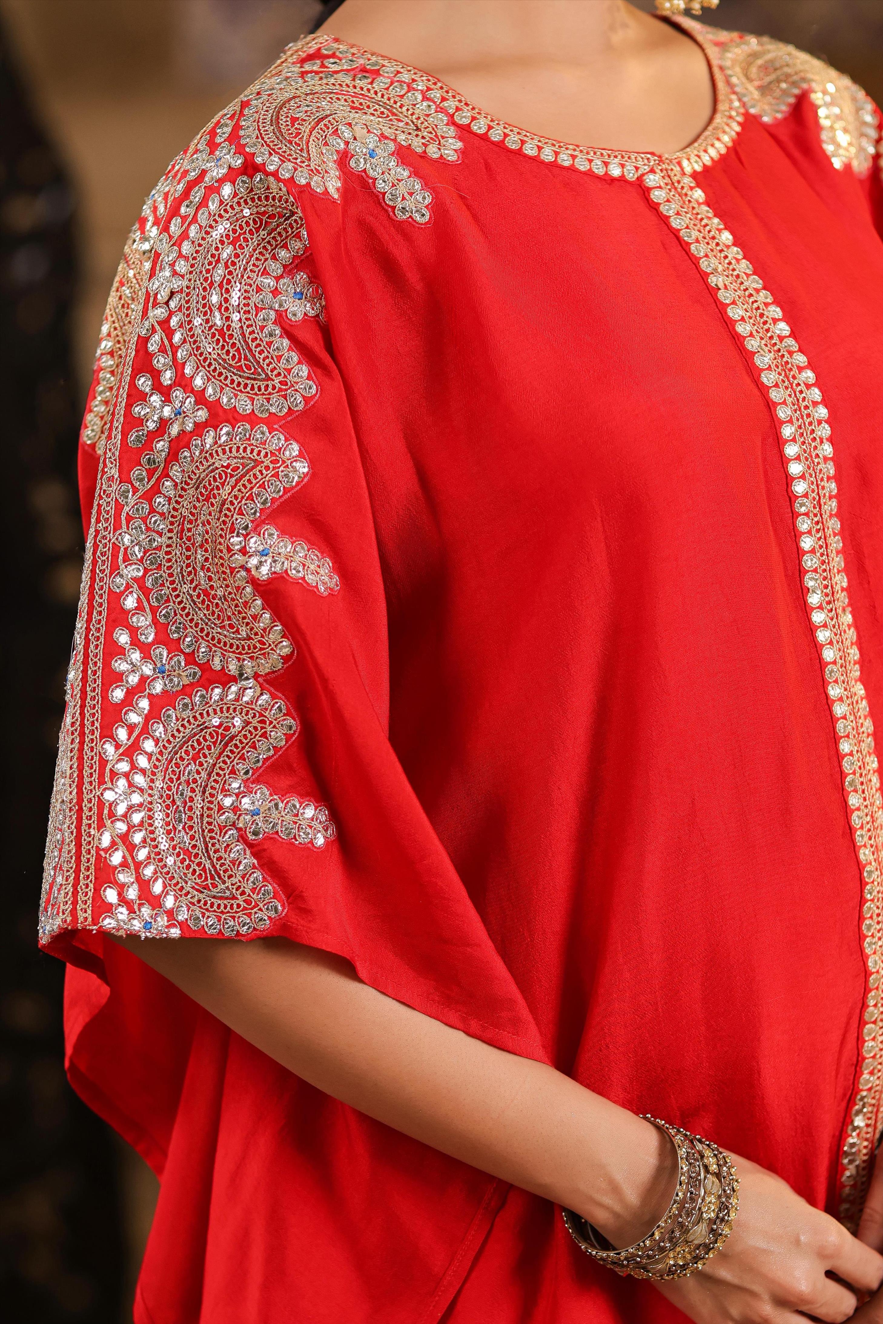 Red Dupion Silk Dori-Gota Work Kaftan Set