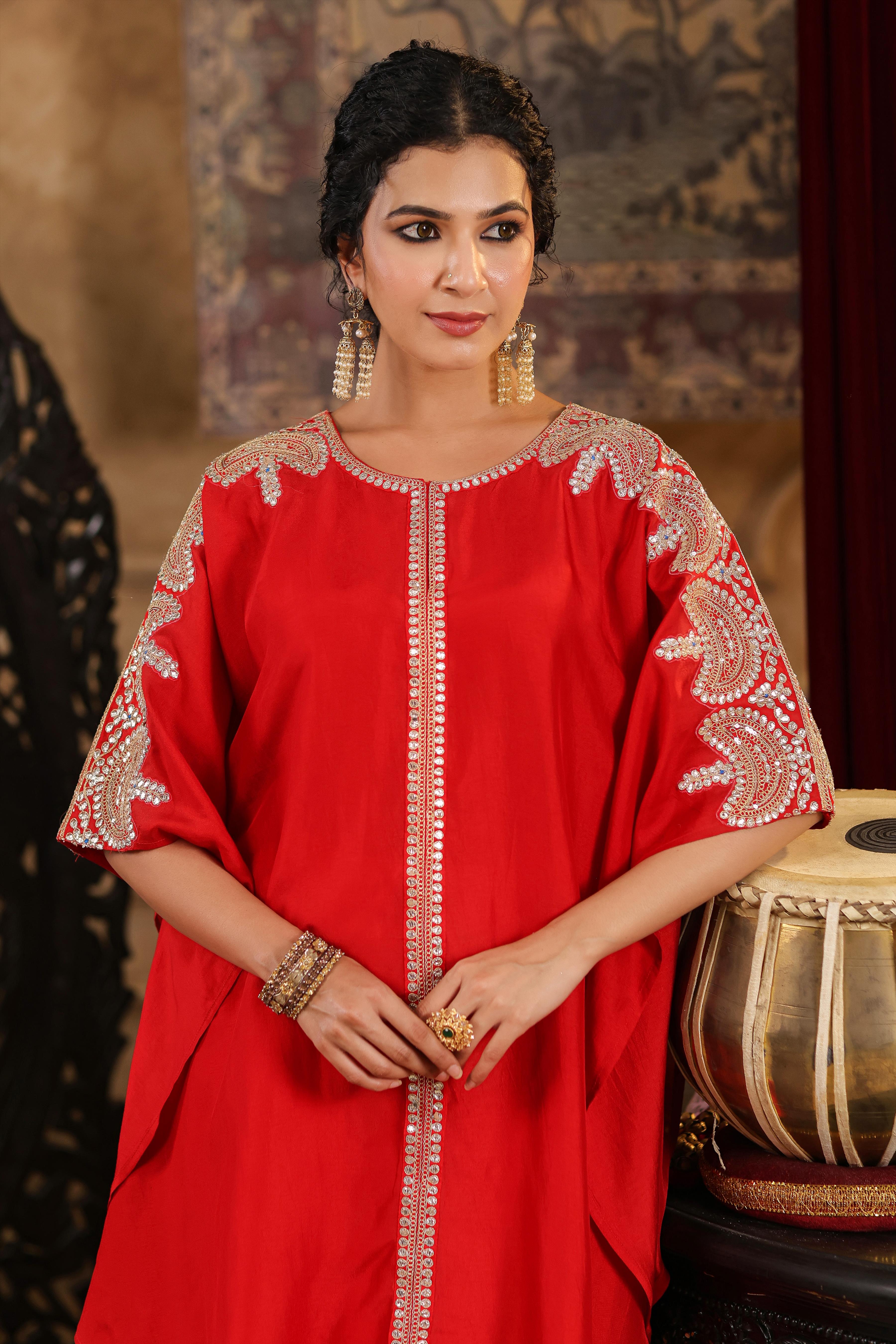 Red Dupion Silk Dori-Gota Work Kaftan Set