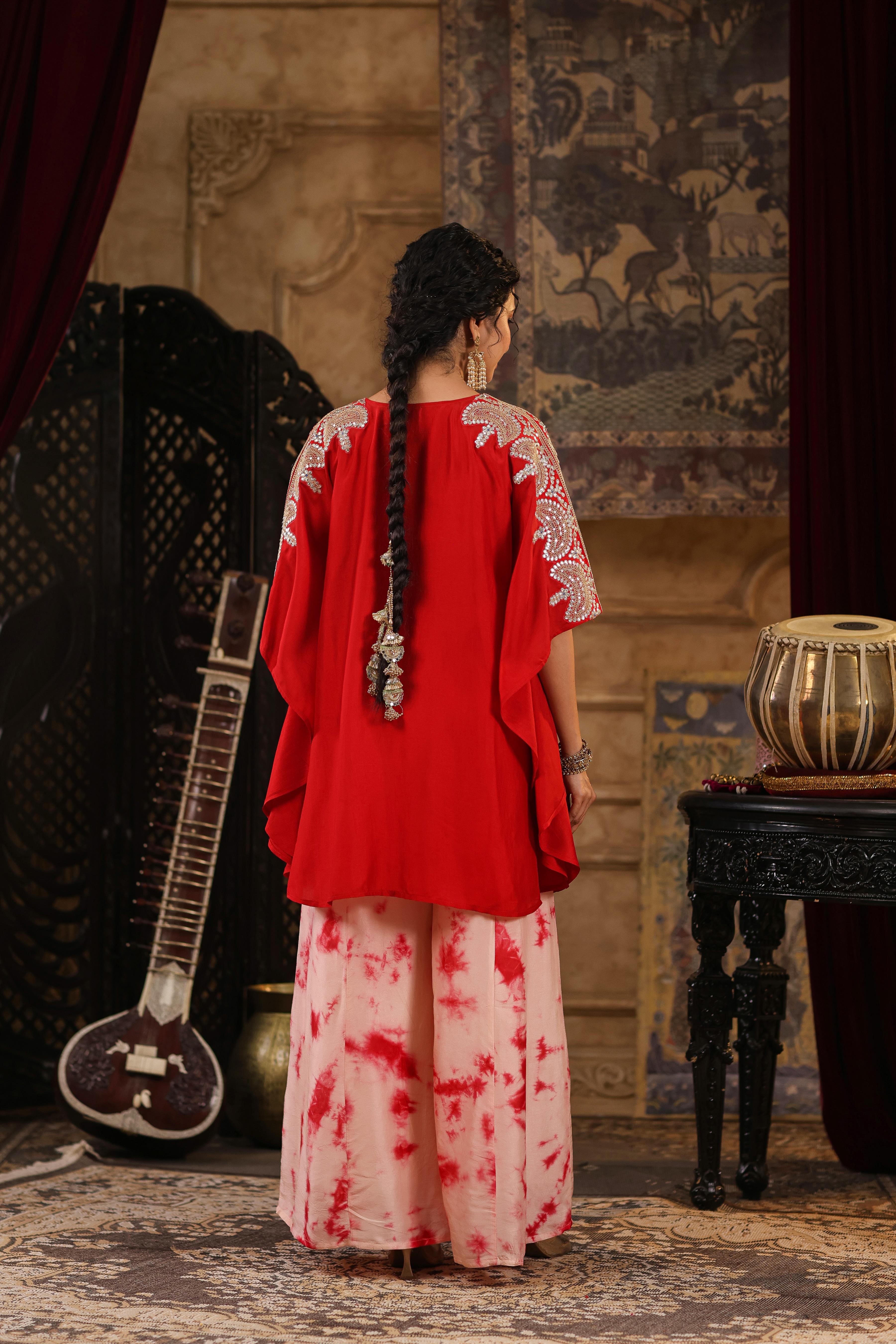 Red Dupion Silk Dori-Gota Work Kaftan Set