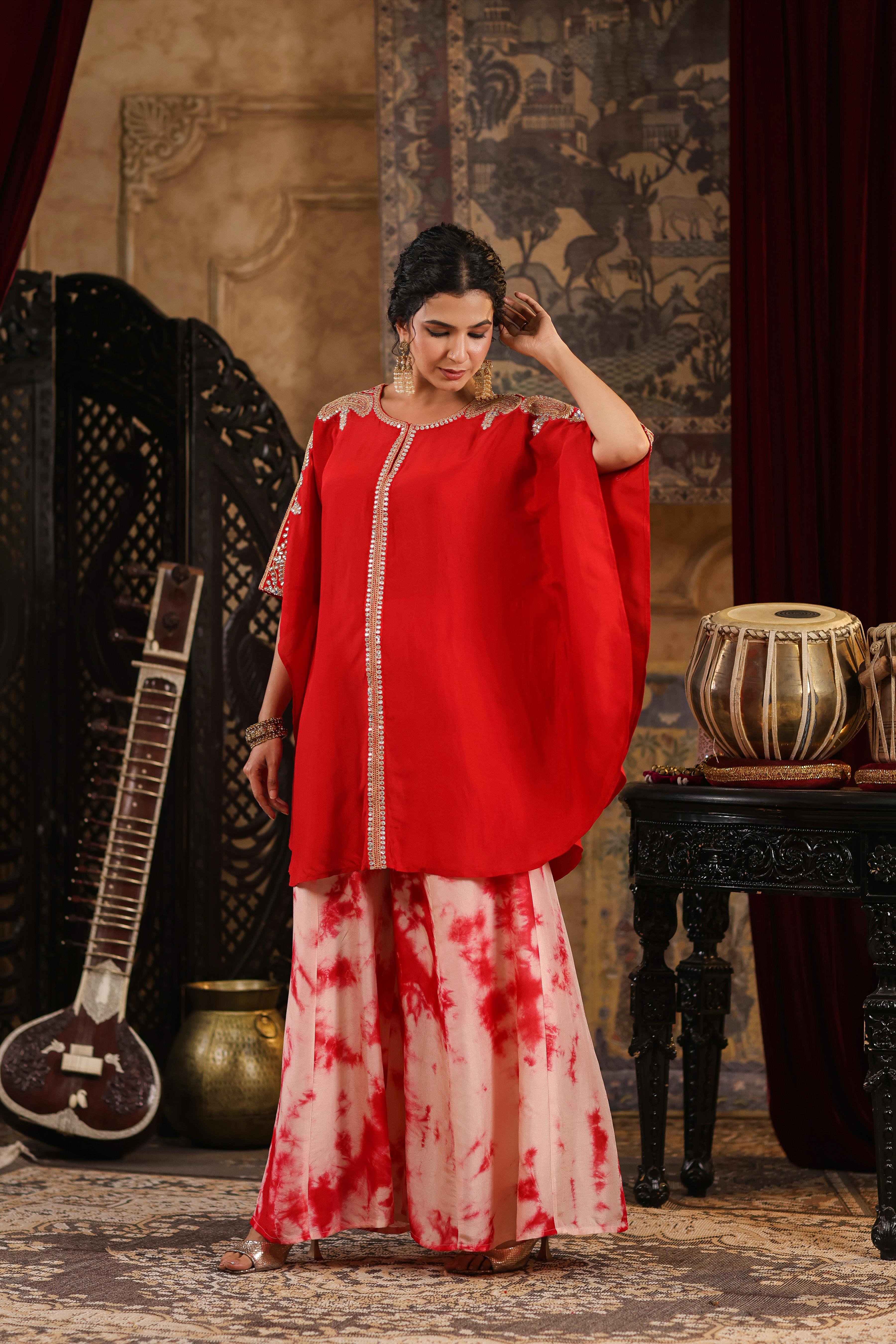 Red Dupion Silk Dori-Gota Work Kaftan Set