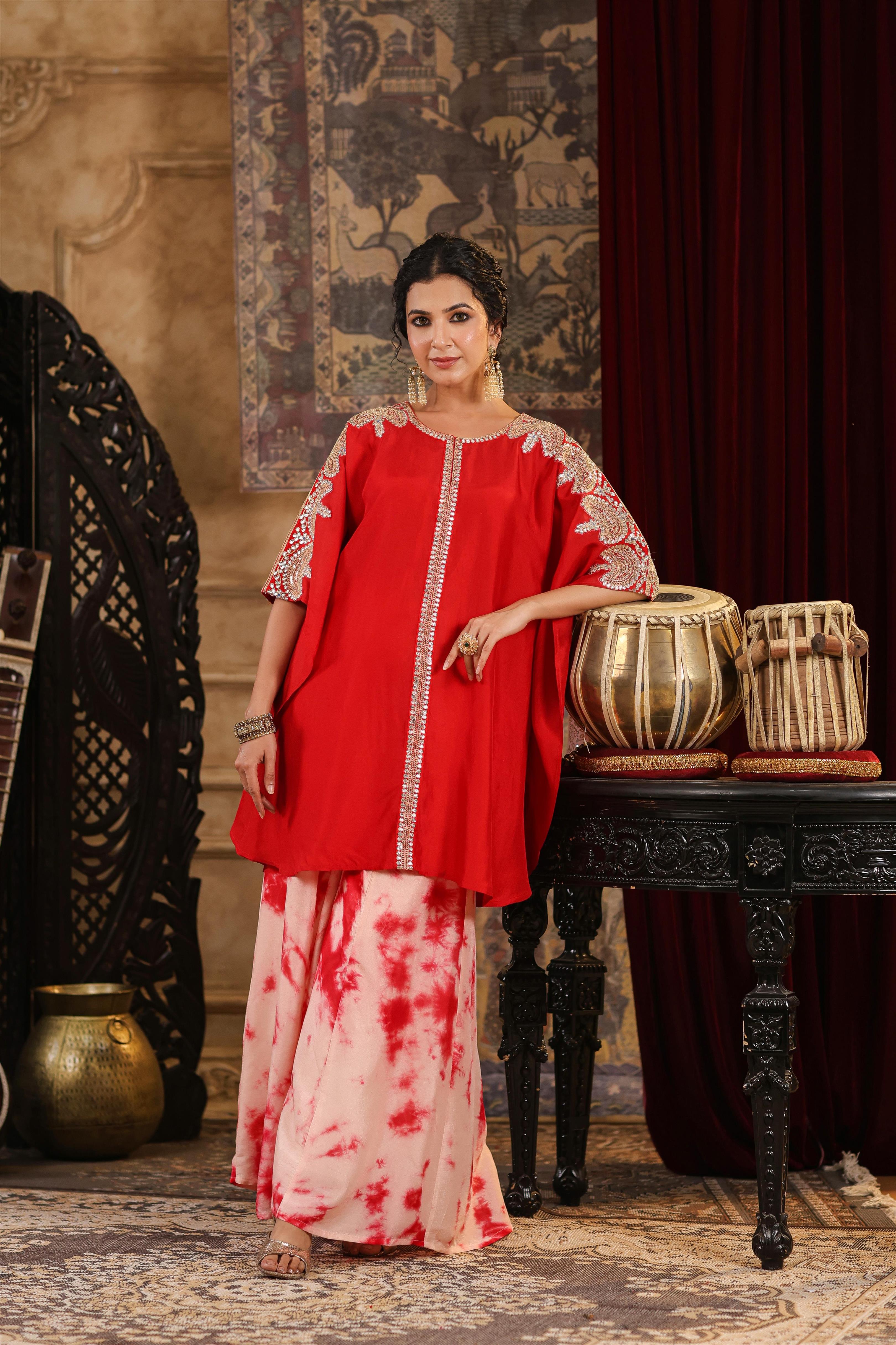 Red Dupion Silk Dori-Gota Work Kaftan Set