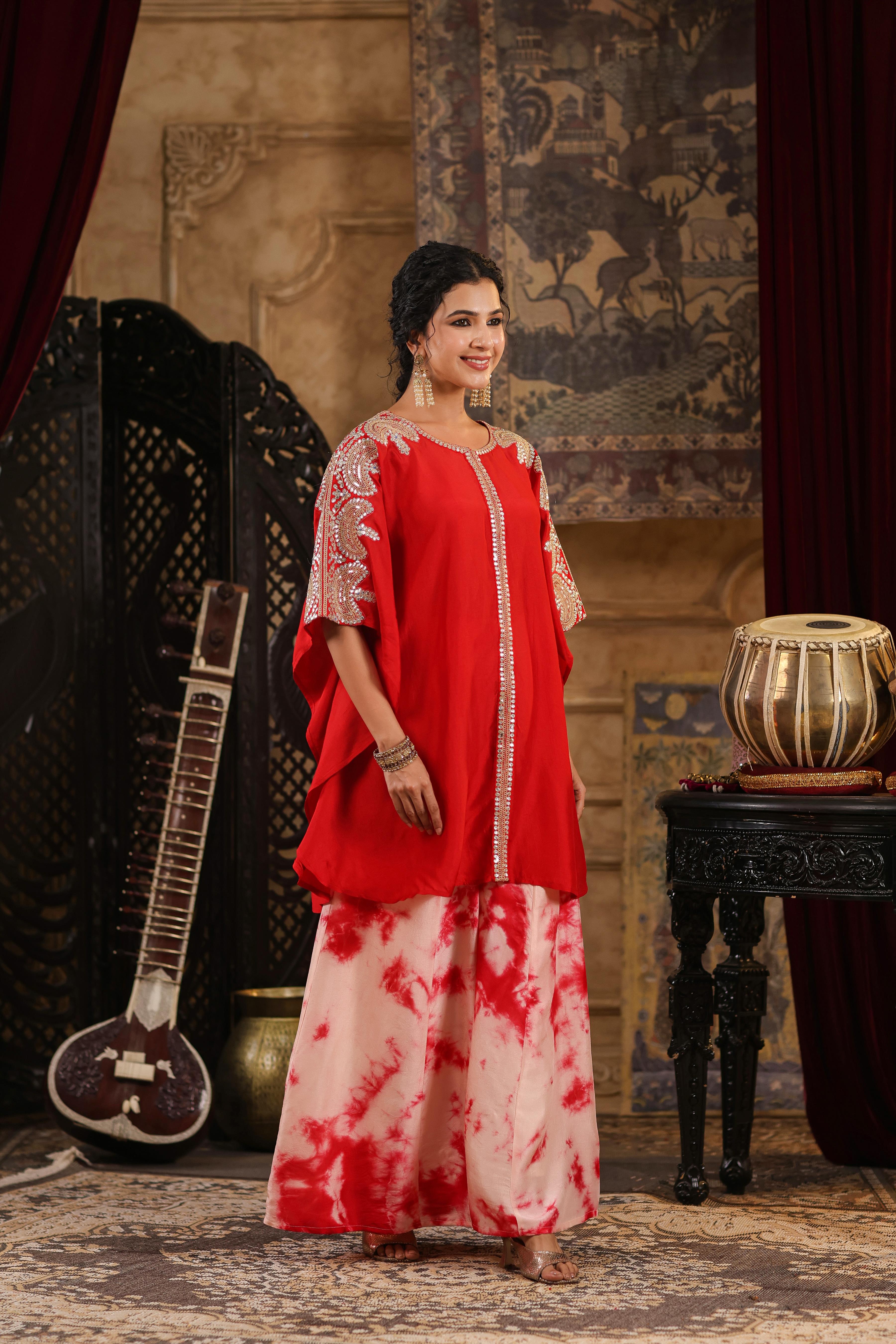 Red Dupion Silk Dori-Gota Work Kaftan Set