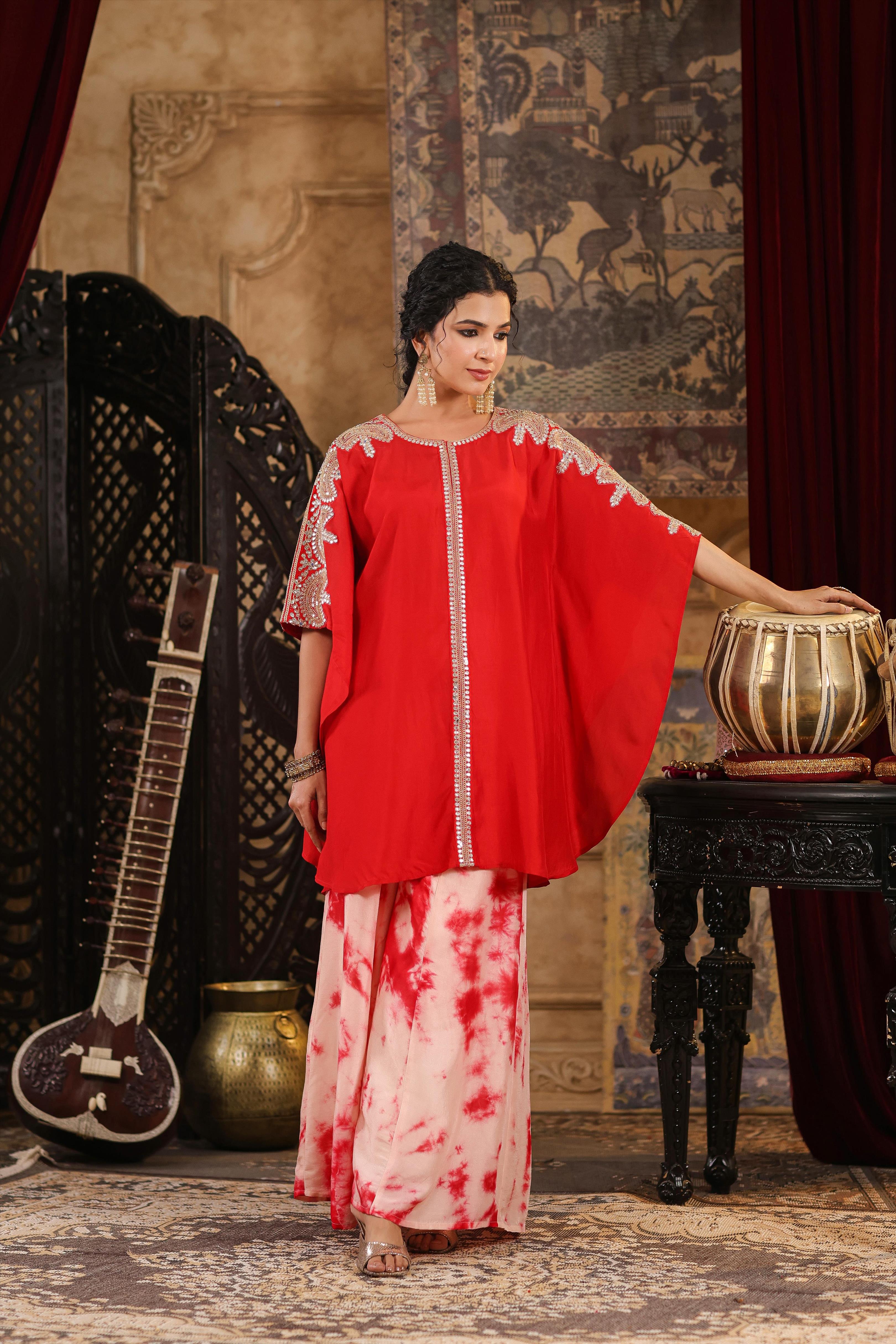 Red Dupion Silk Dori-Gota Work Kaftan Set