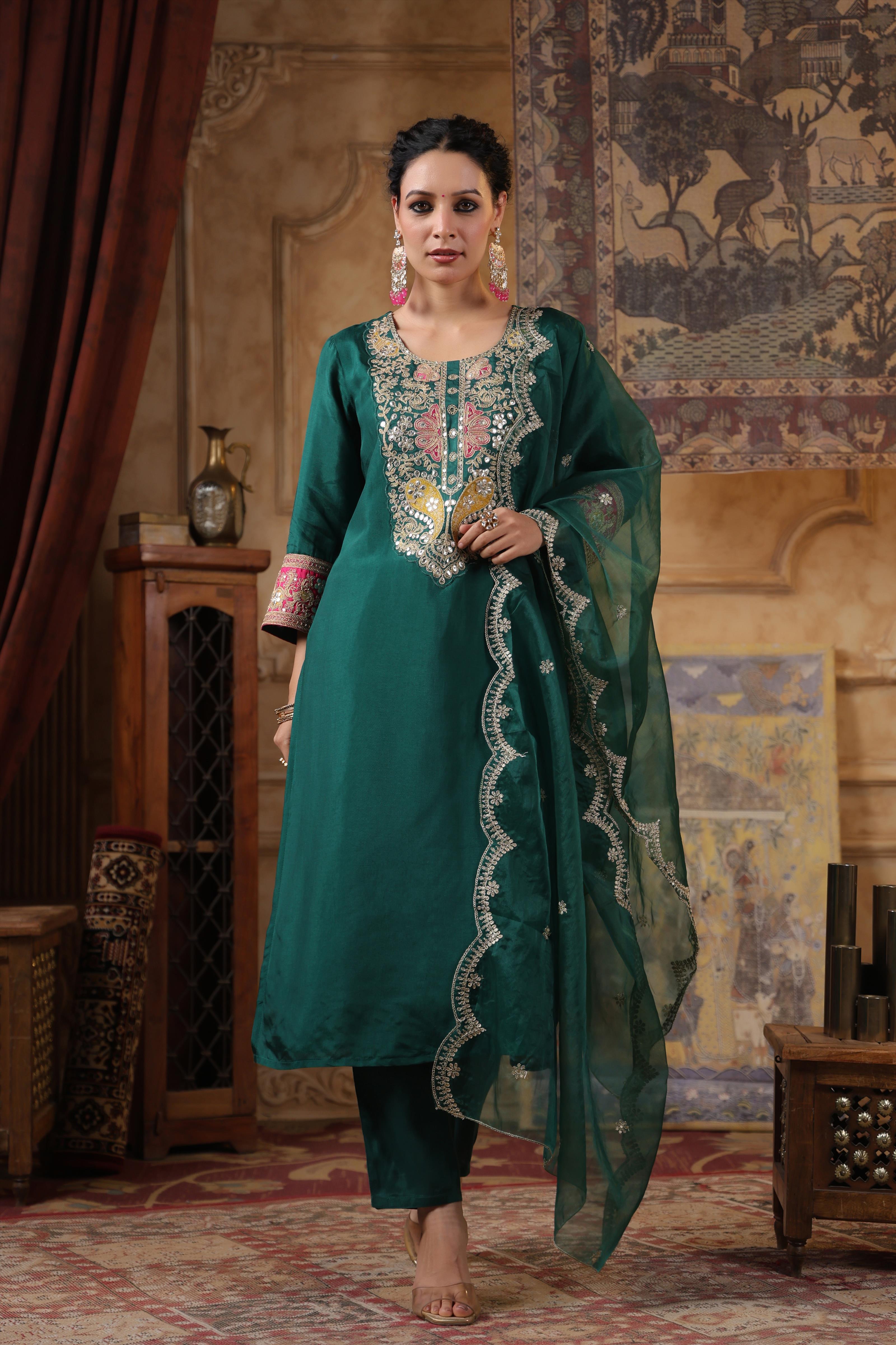 Dark Green Dupion Silk Dori Work Suit Set