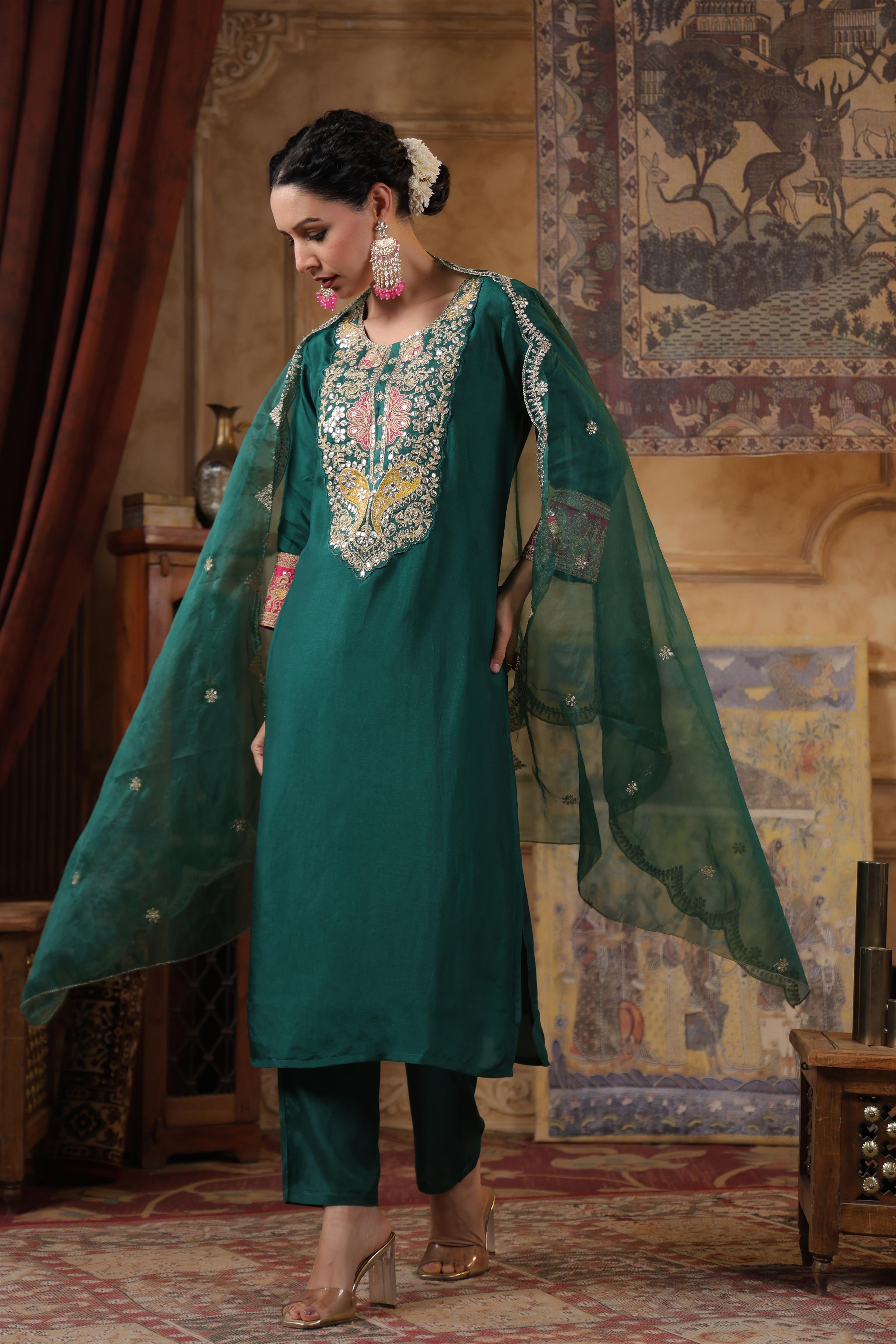 Dark Green Dupion Silk Dori Work Suit Set