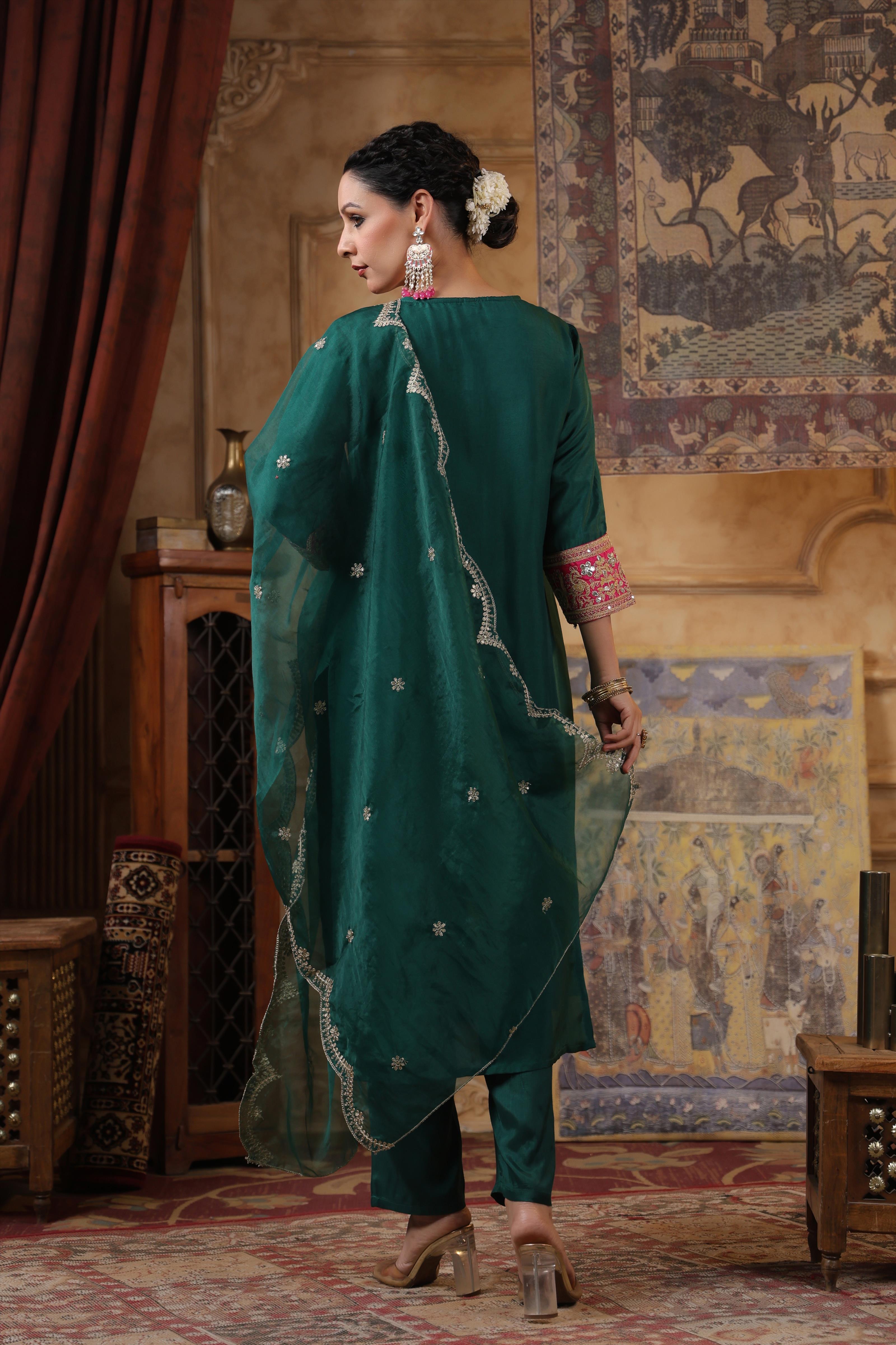 Dark Green Dupion Silk Dori Work Suit Set