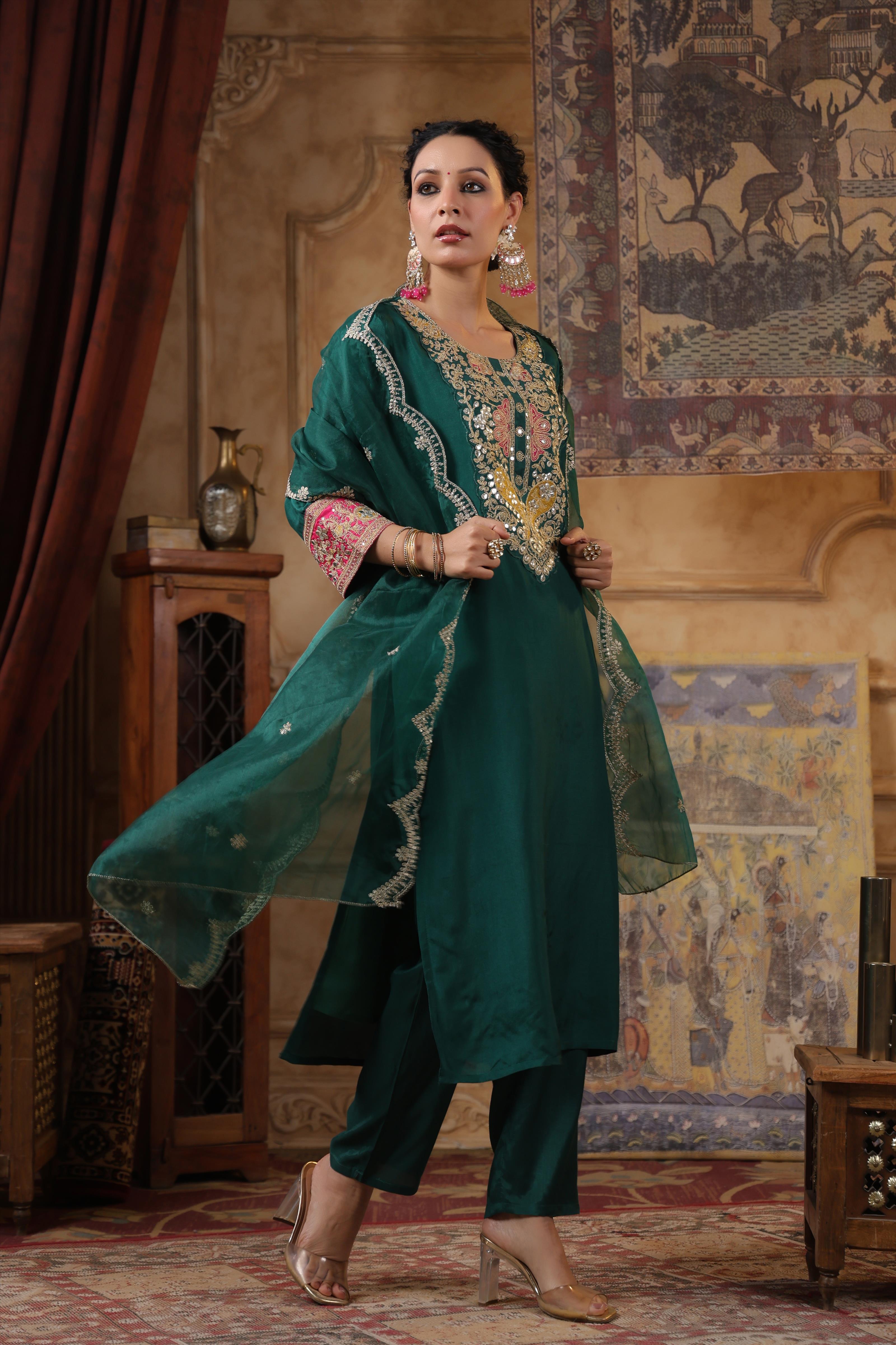 Dark Green Dupion Silk Dori Work Suit Set