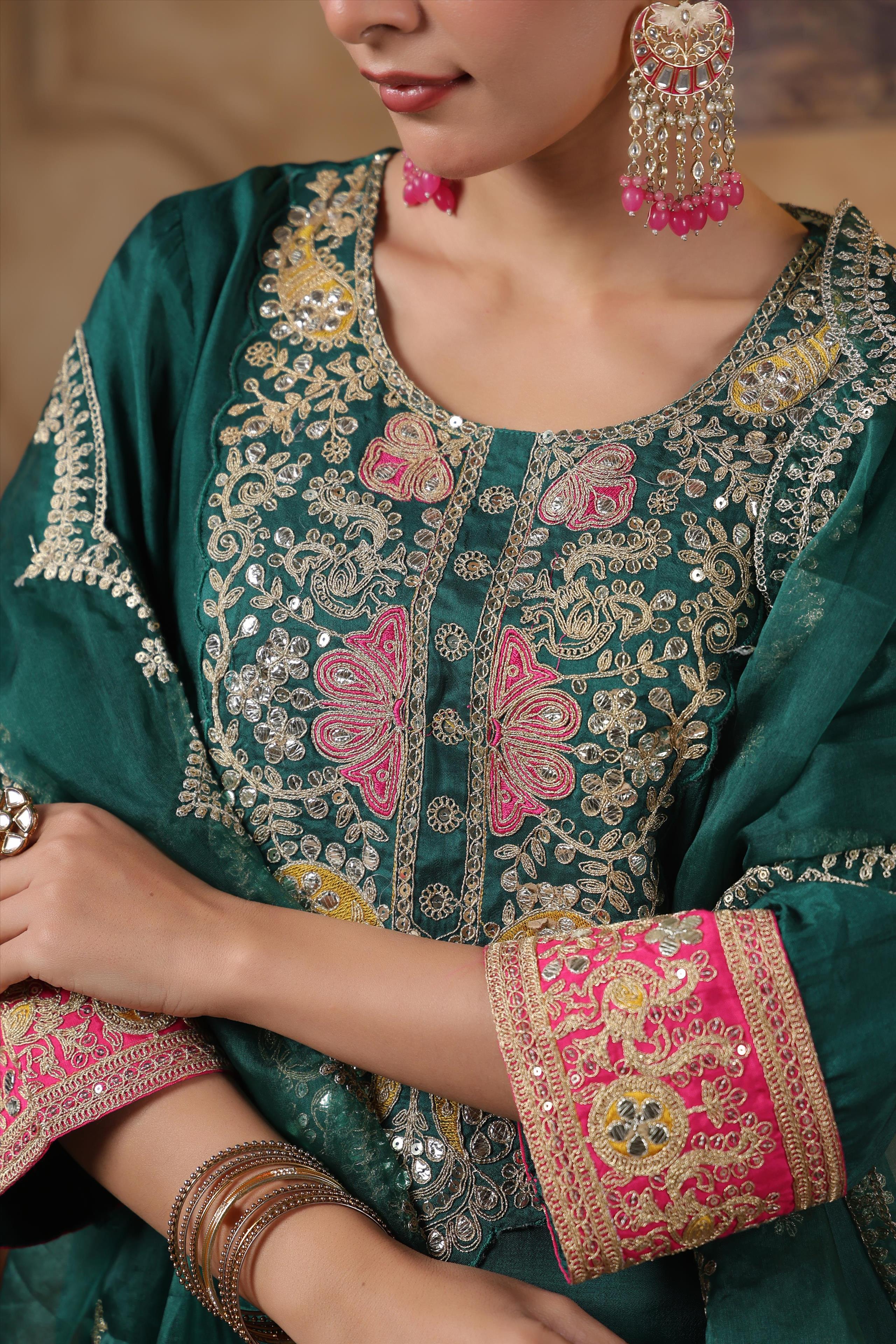 Dark Green Dupion Silk Dori Work Suit Set