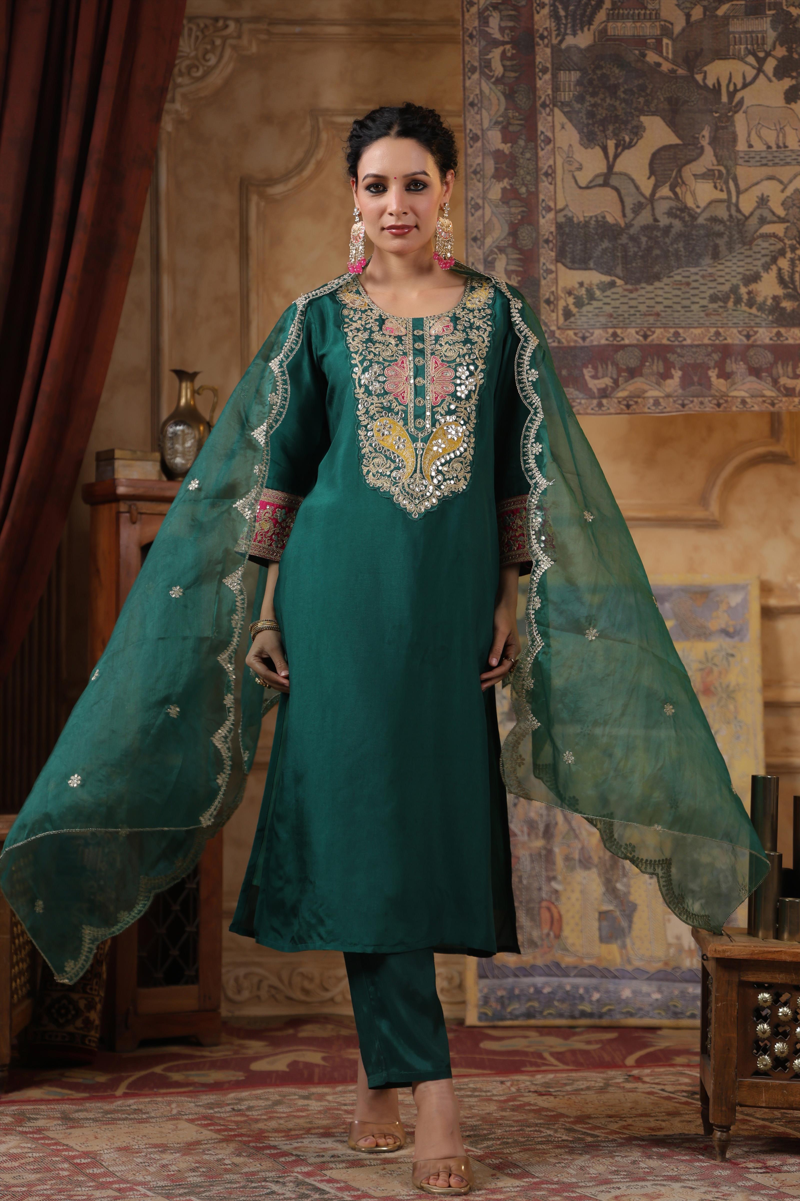 Dark Green Dupion Silk Dori Work Suit Set