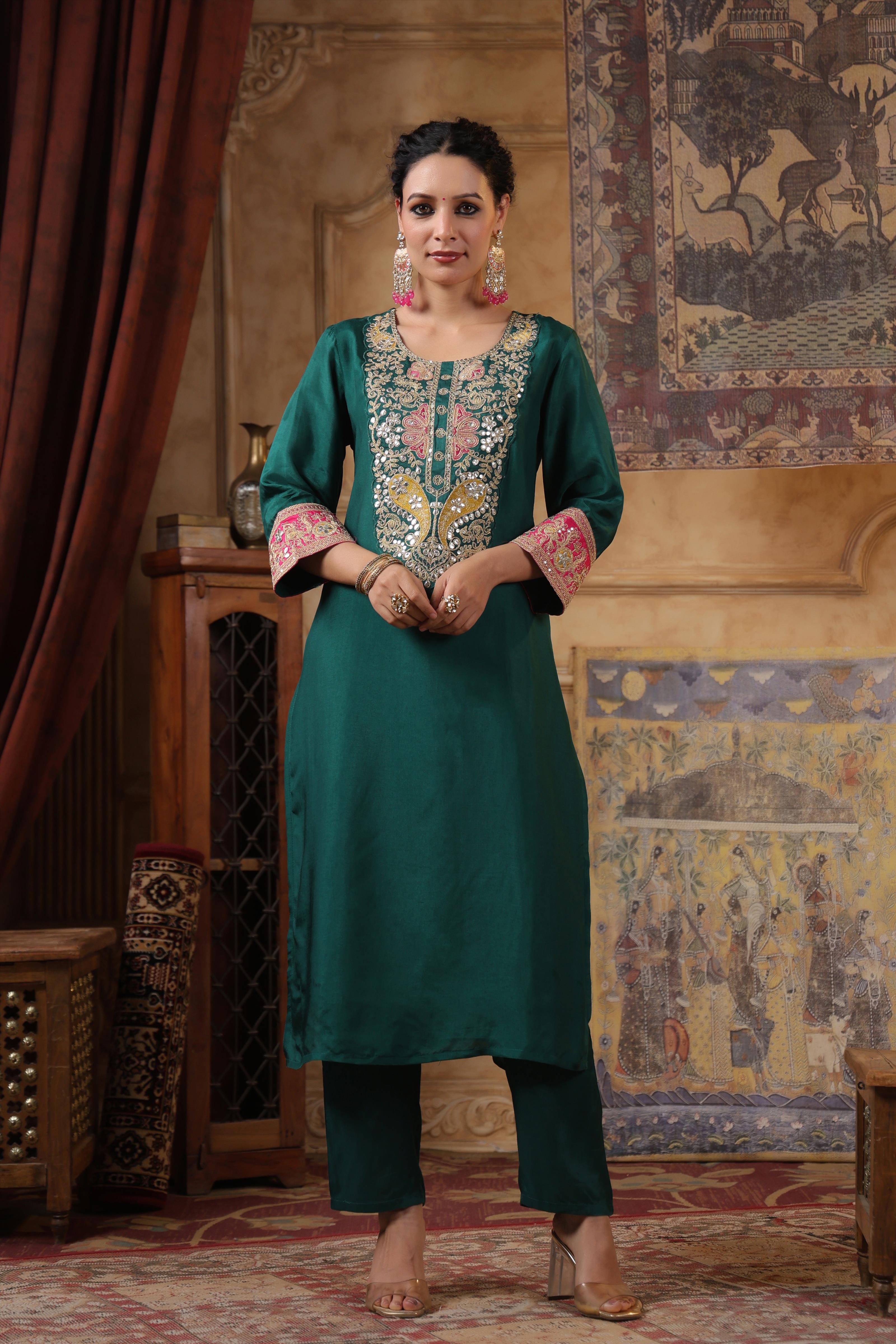 Dark Green Dupion Silk Dori Work Suit Set