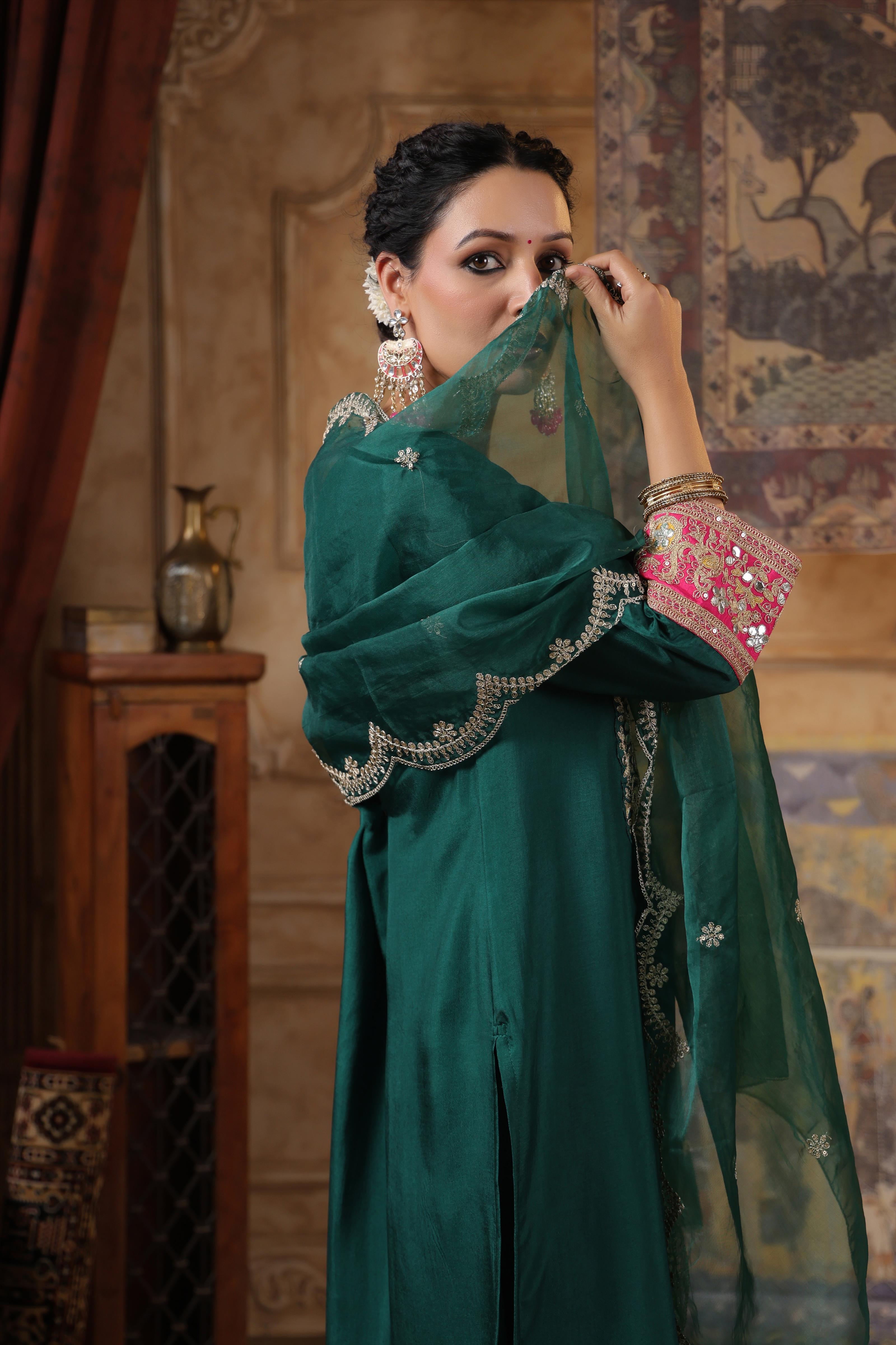 Dark Green Dupion Silk Dori Work Suit Set