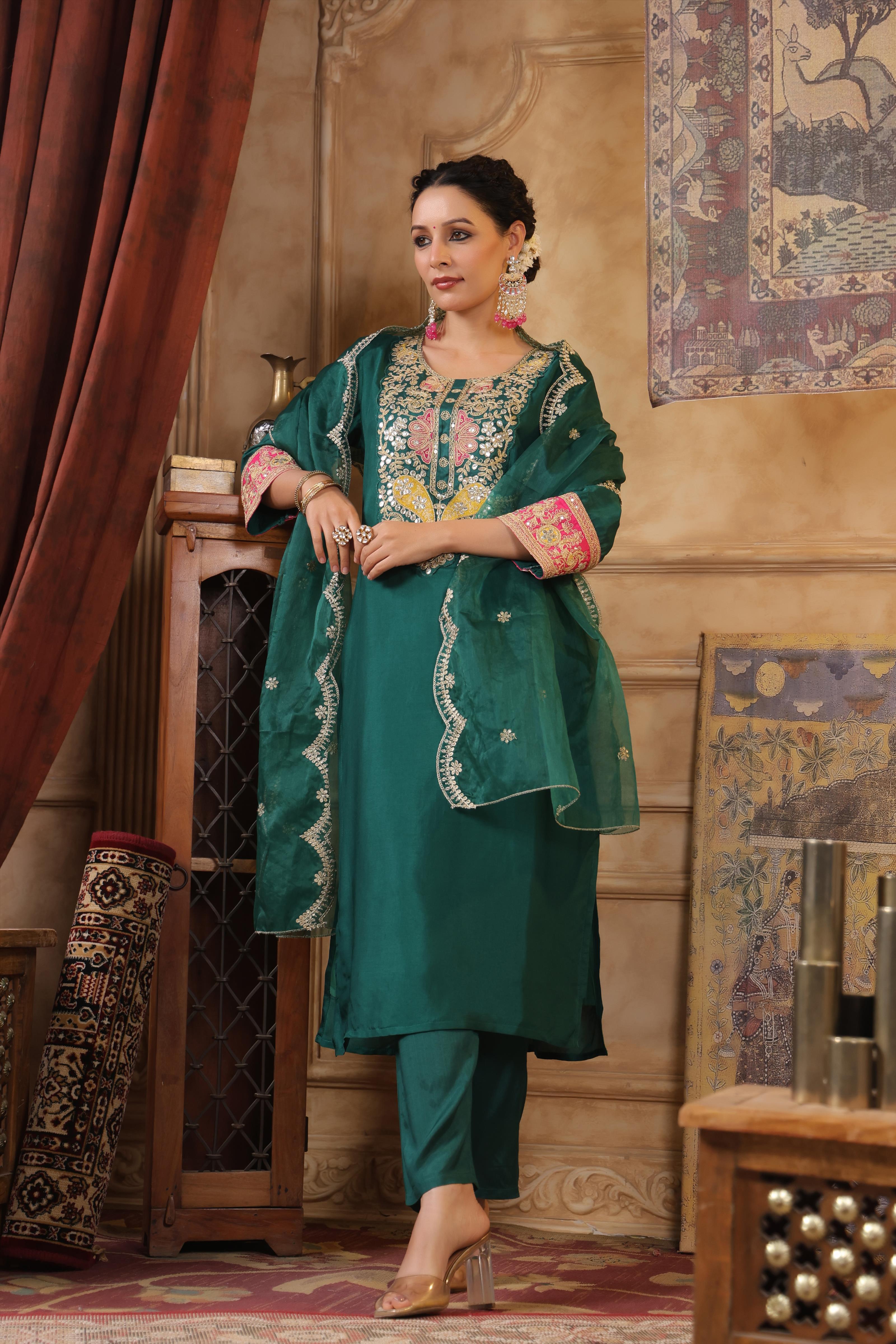 Dark Green Dupion Silk Dori Work Suit Set